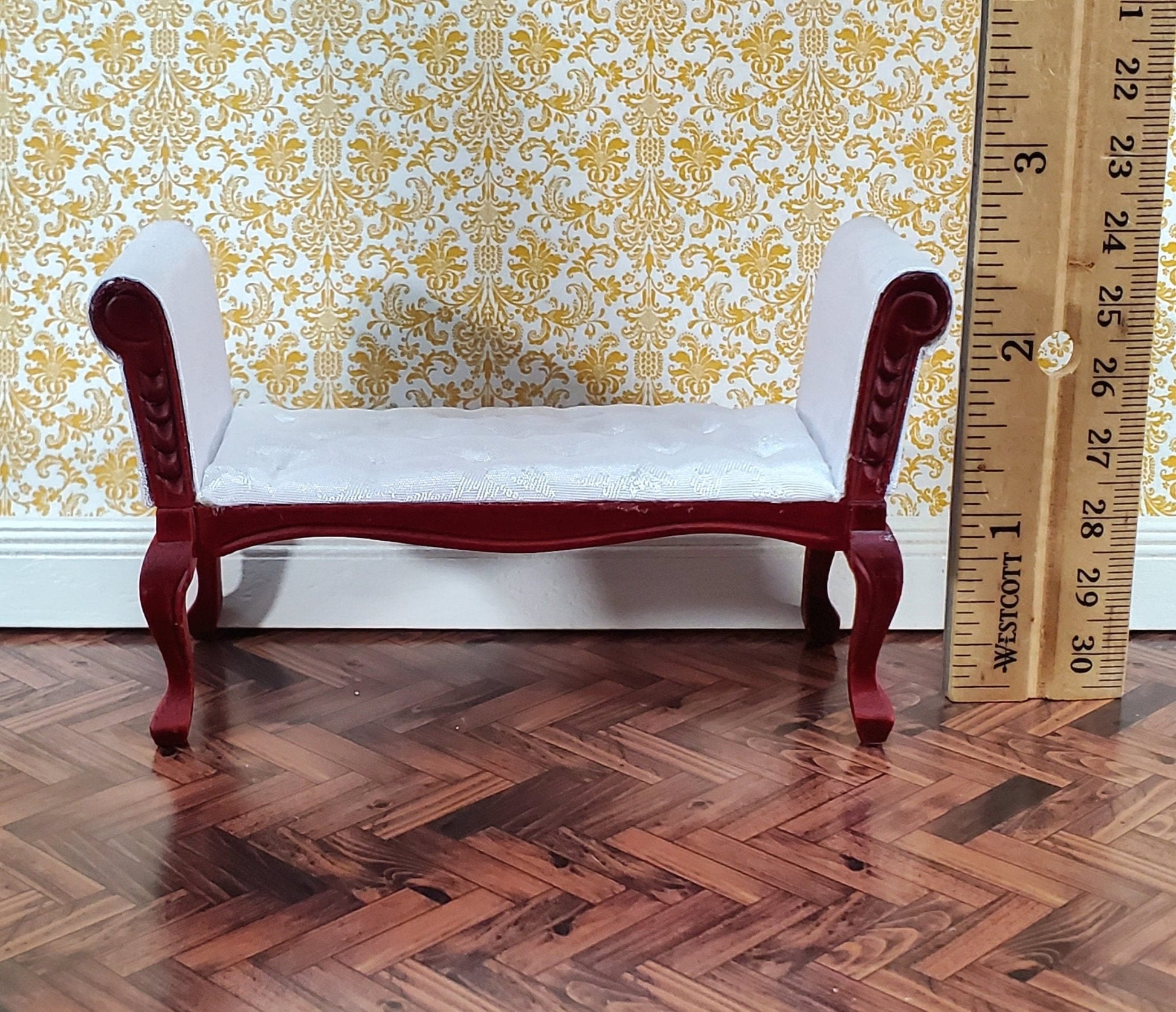 Dollhouse Settee Bench White Padded Tufted 1:12 Scale Miniature Furniture Mahogany Finish - Miniature Crush