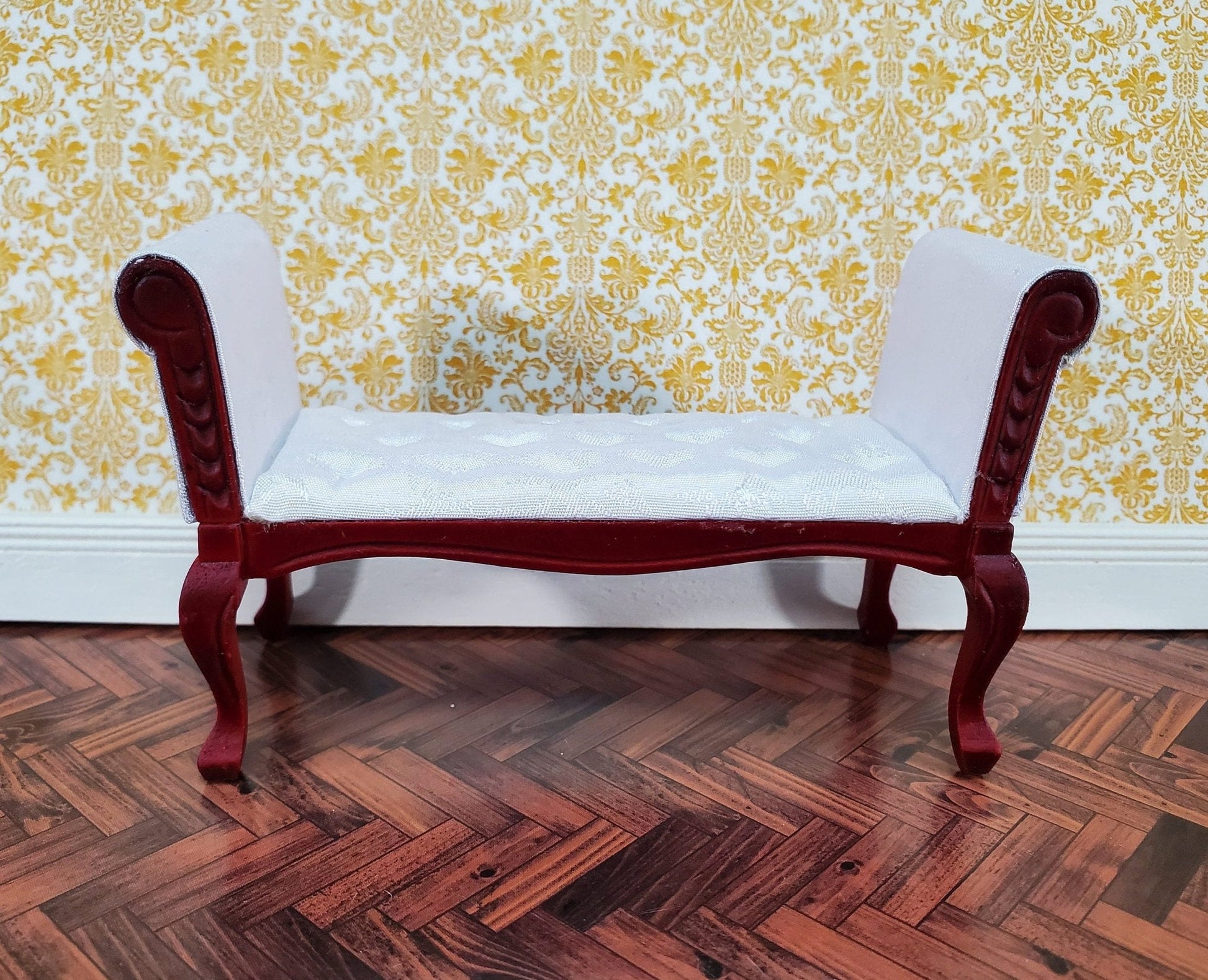 Dollhouse Settee Bench White Padded Tufted 1:12 Scale Miniature Furniture Mahogany Finish - Miniature Crush