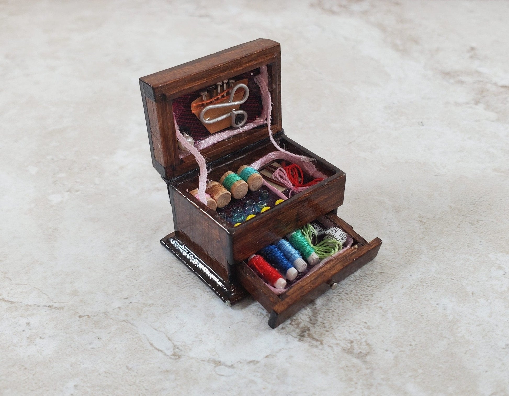 Dollhouse Sewing Box with Drawer and Notions Measure 1:12 Scale Miniature - Miniature Crush