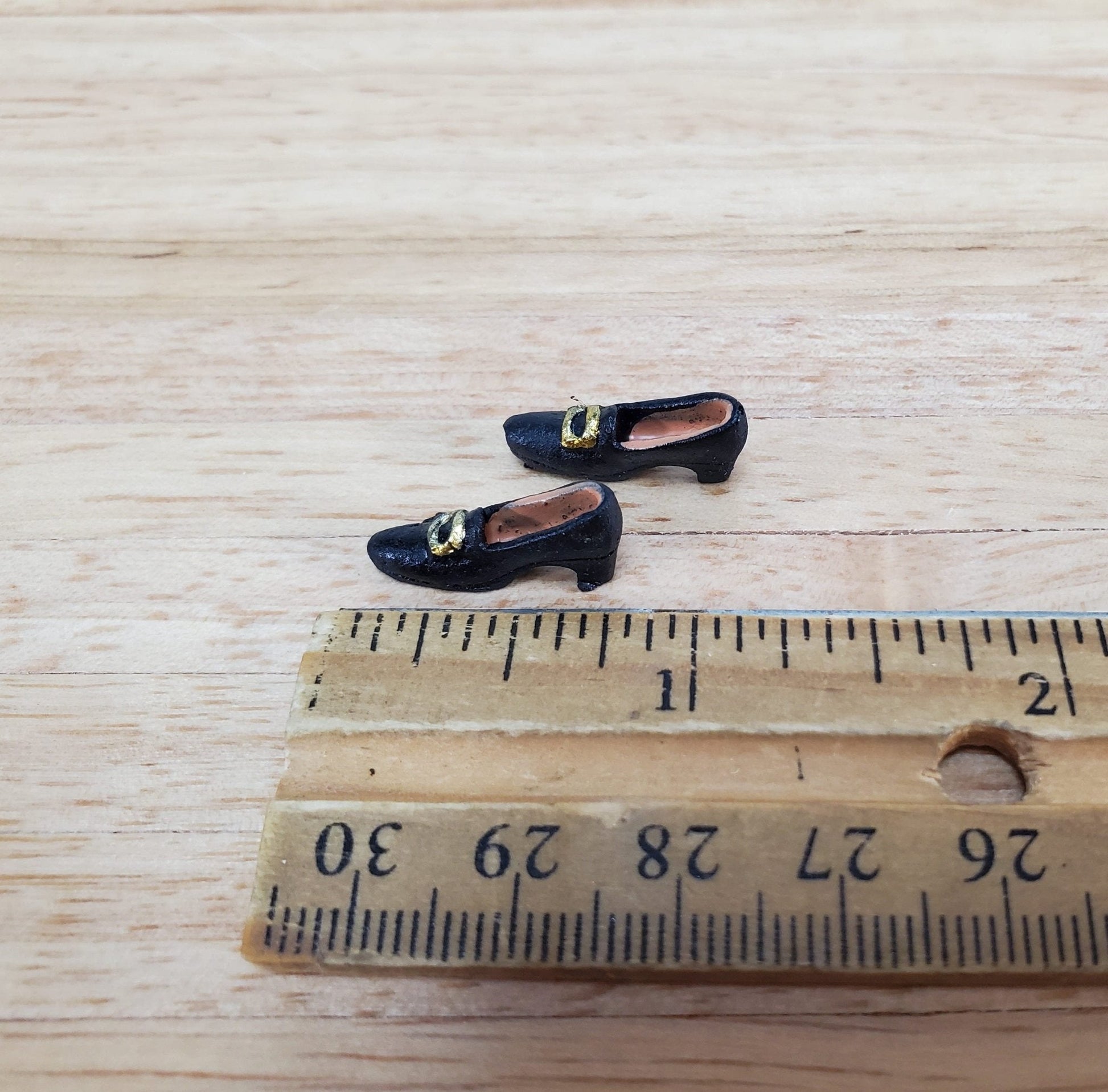Dollhouse Shoes Pumps Black with Gold Buckles Cast Resin 1:12 Scale Miniature - Miniature Crush