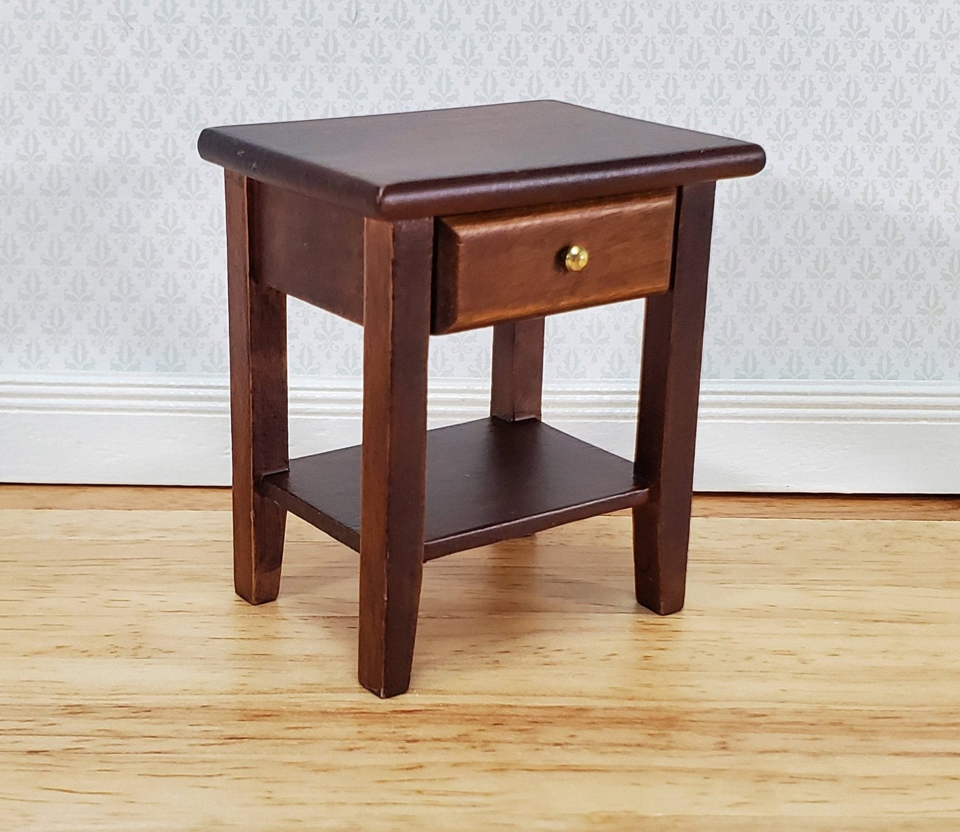 Dollhouse Side Table Night Stand with Drawer 1:12 Scale Miniature Furniture Walnut Finish - Miniature Crush