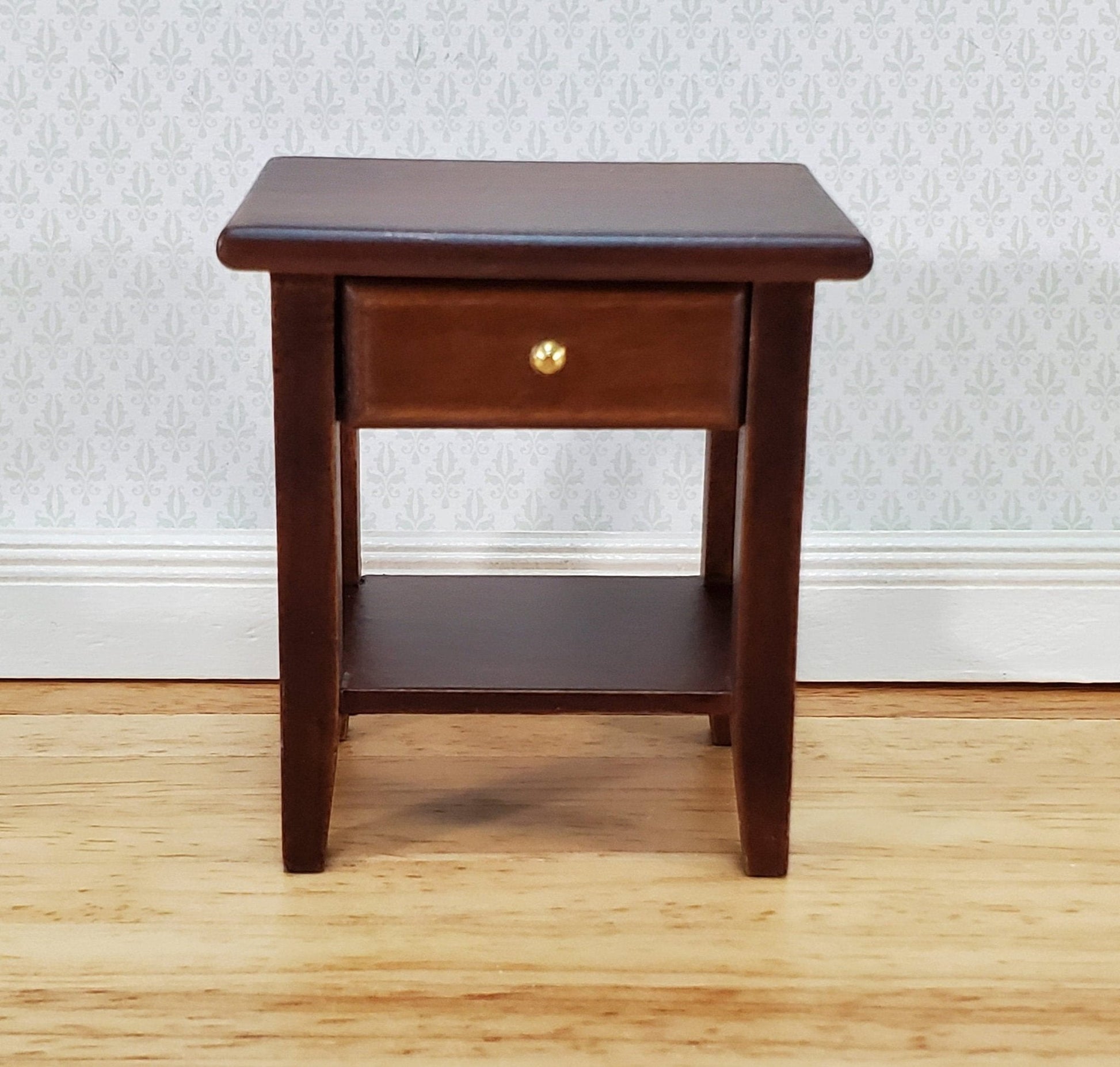 Dollhouse Side Table Night Stand with Drawer 1:12 Scale Miniature Furniture Walnut Finish - Miniature Crush