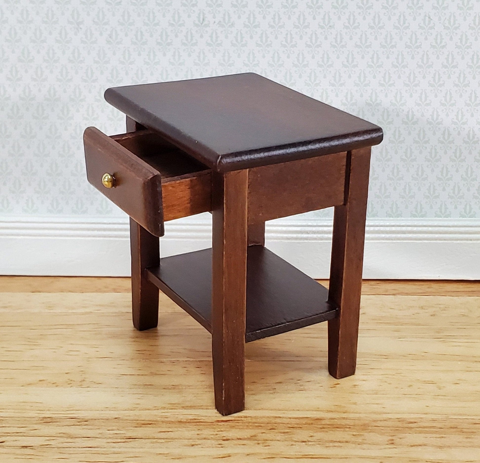 Dollhouse Side Table Night Stand with Drawer 1:12 Scale Miniature Furniture Walnut Finish - Miniature Crush