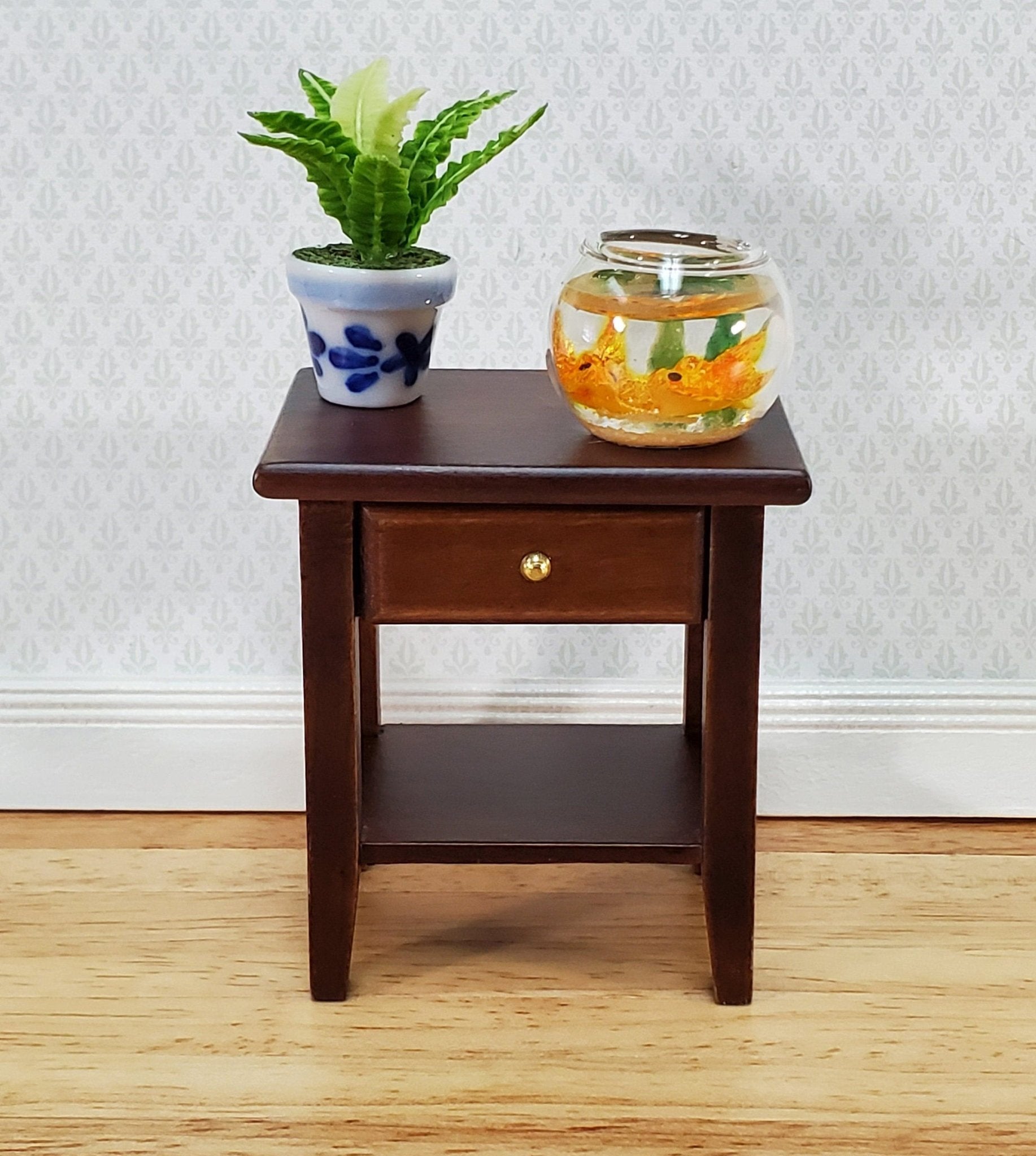 Dollhouse Side Table Night Stand with Drawer 1:12 Scale Miniature Furniture Walnut Finish - Miniature Crush