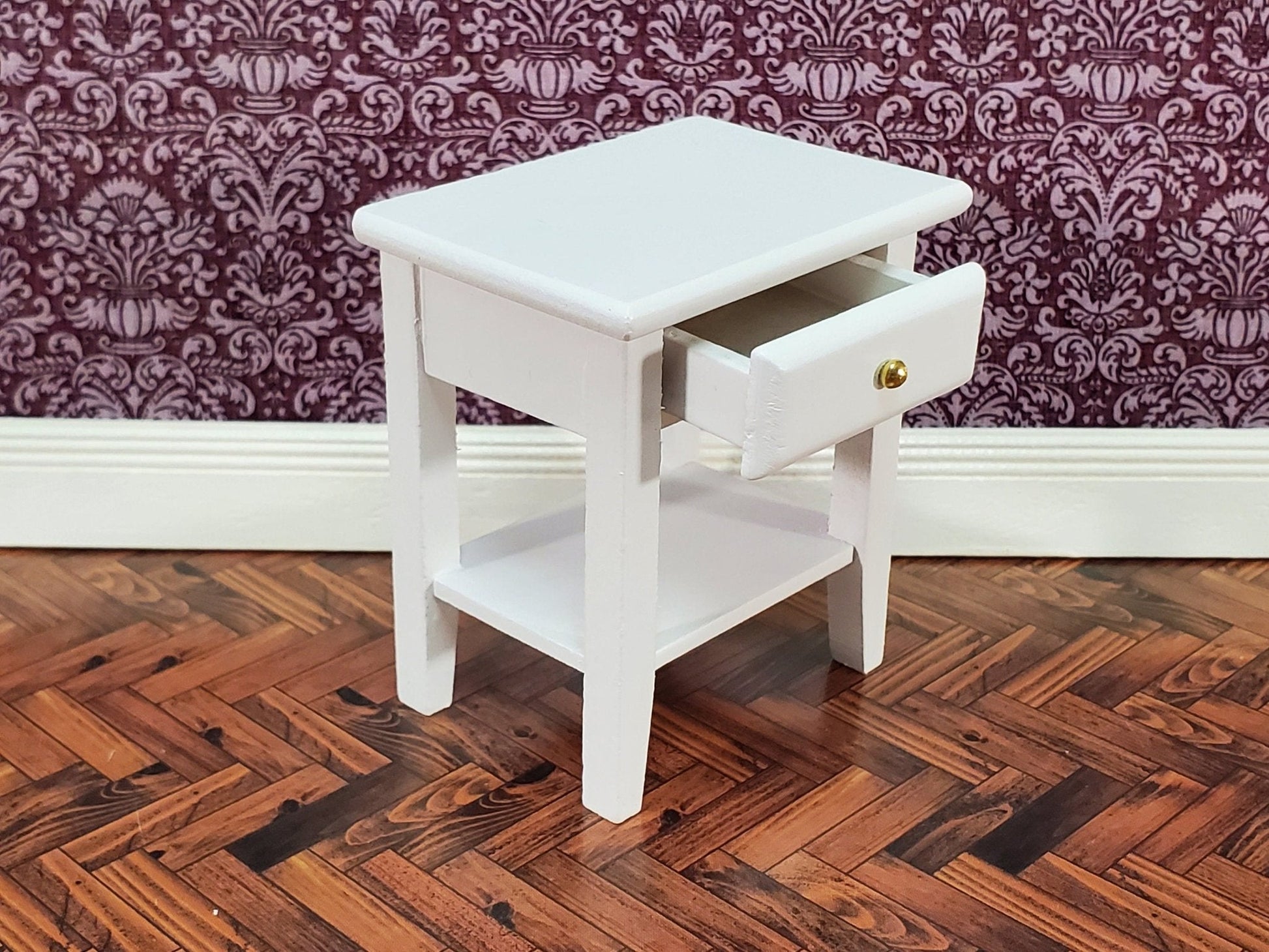 Dollhouse Side Table Night Stand with Drawer 1:12 Scale Miniature Furniture White Finish - Miniature Crush