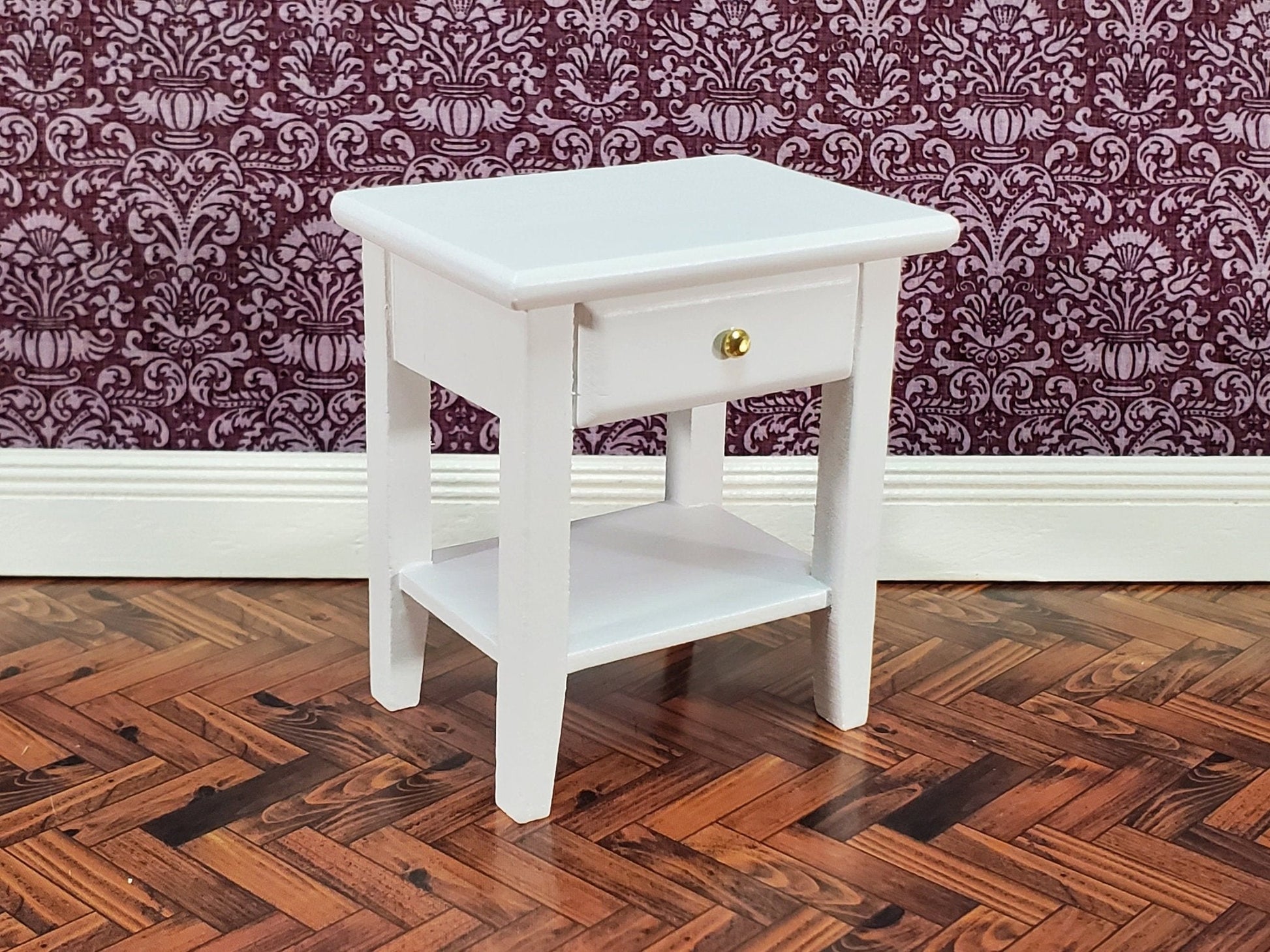 Dollhouse Side Table Night Stand with Drawer 1:12 Scale Miniature Furniture White Finish - Miniature Crush