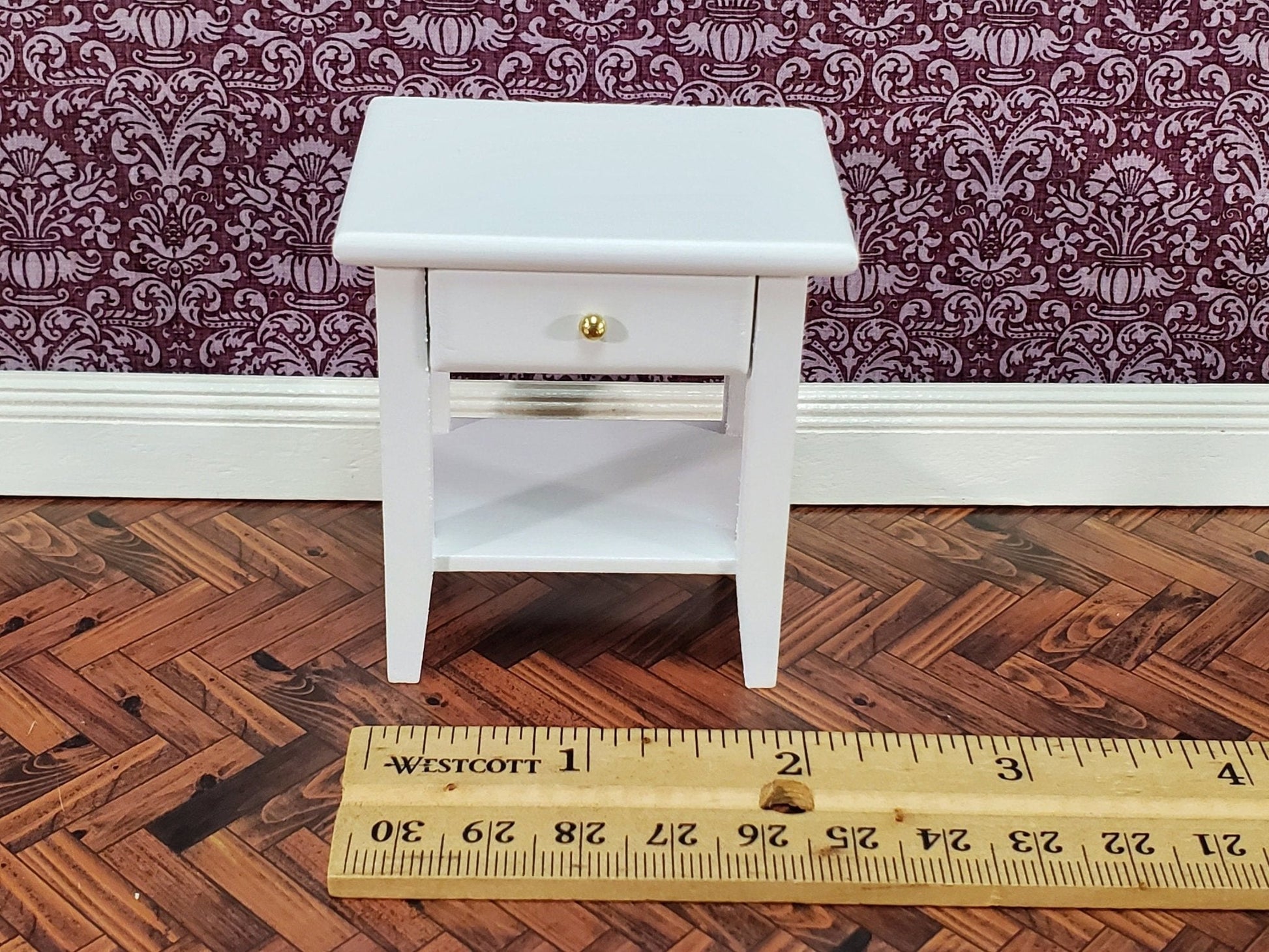 Dollhouse Side Table Night Stand with Drawer 1:12 Scale Miniature Furniture White Finish - Miniature Crush