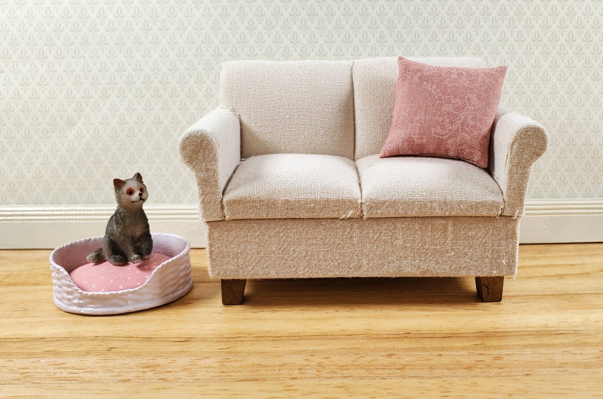 Dollhouse Small Pet Bed Cat or Small Dog White 7 Pink 1:12 Scale Miniature - Miniature Crush