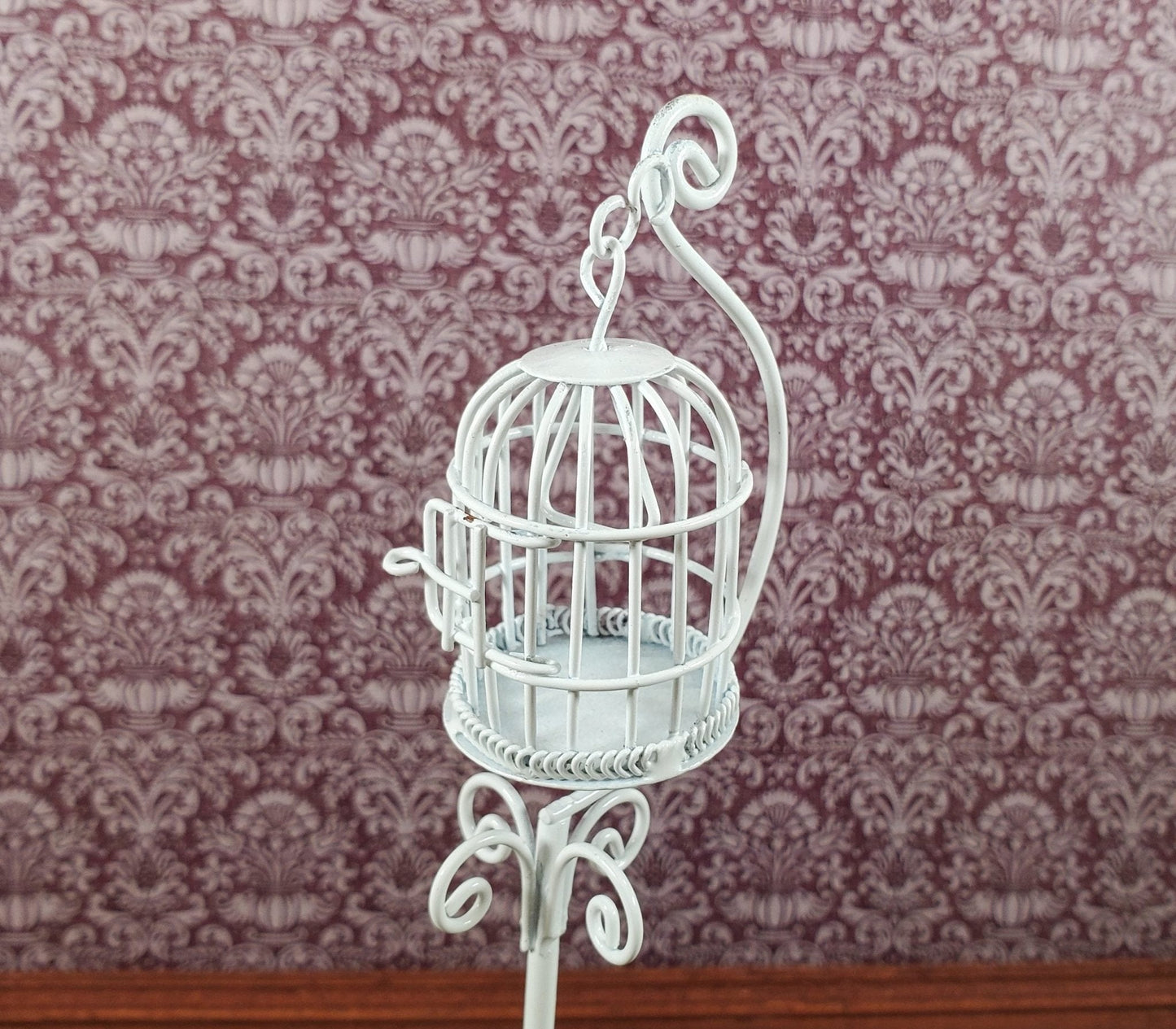 Dollhouse Tall Birdcage with Stand White Metal 1:12 Scale Miniature Opening Door - Miniature Crush