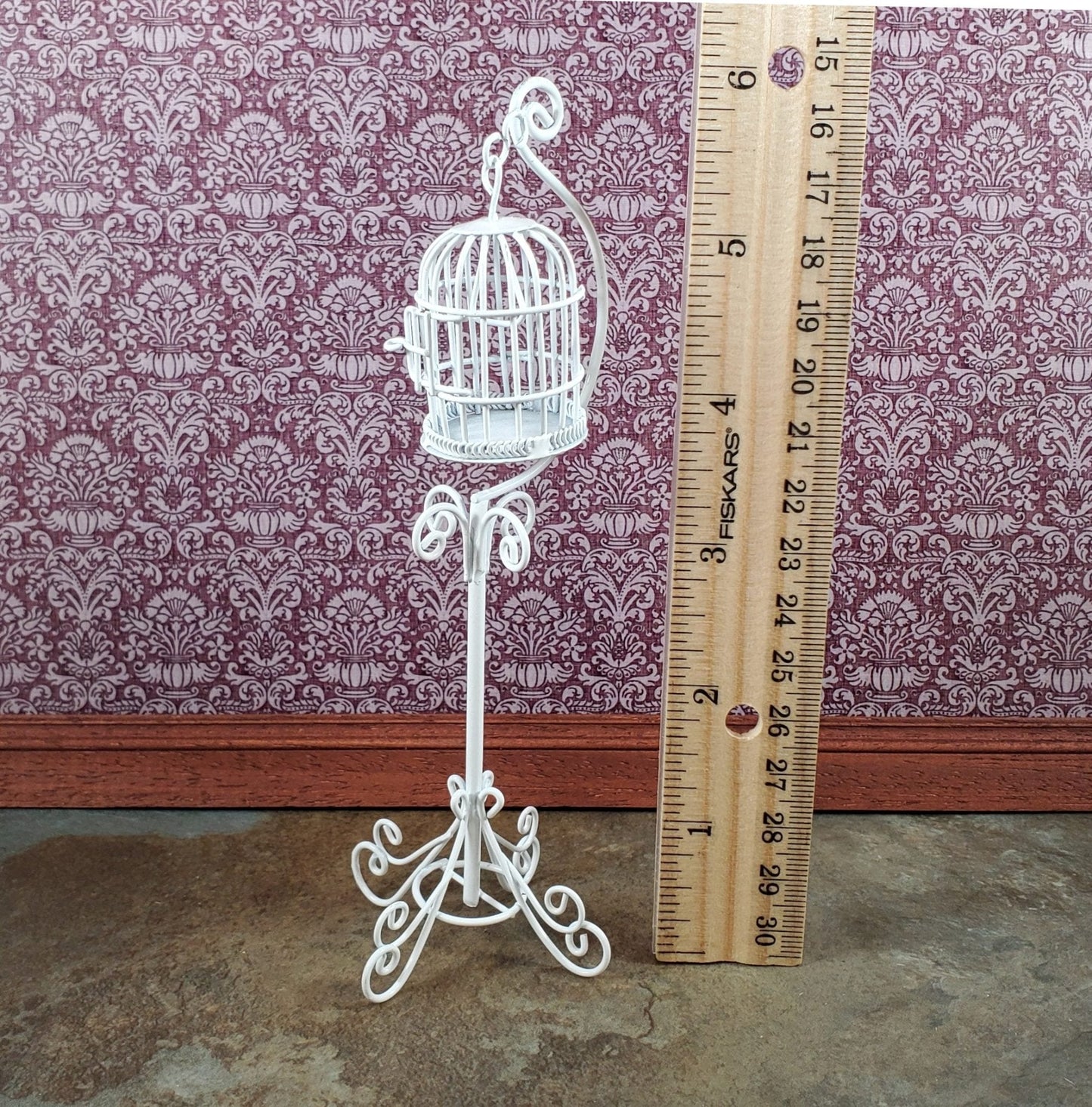 Dollhouse Tall Birdcage with Stand White Metal 1:12 Scale Miniature Opening Door - Miniature Crush