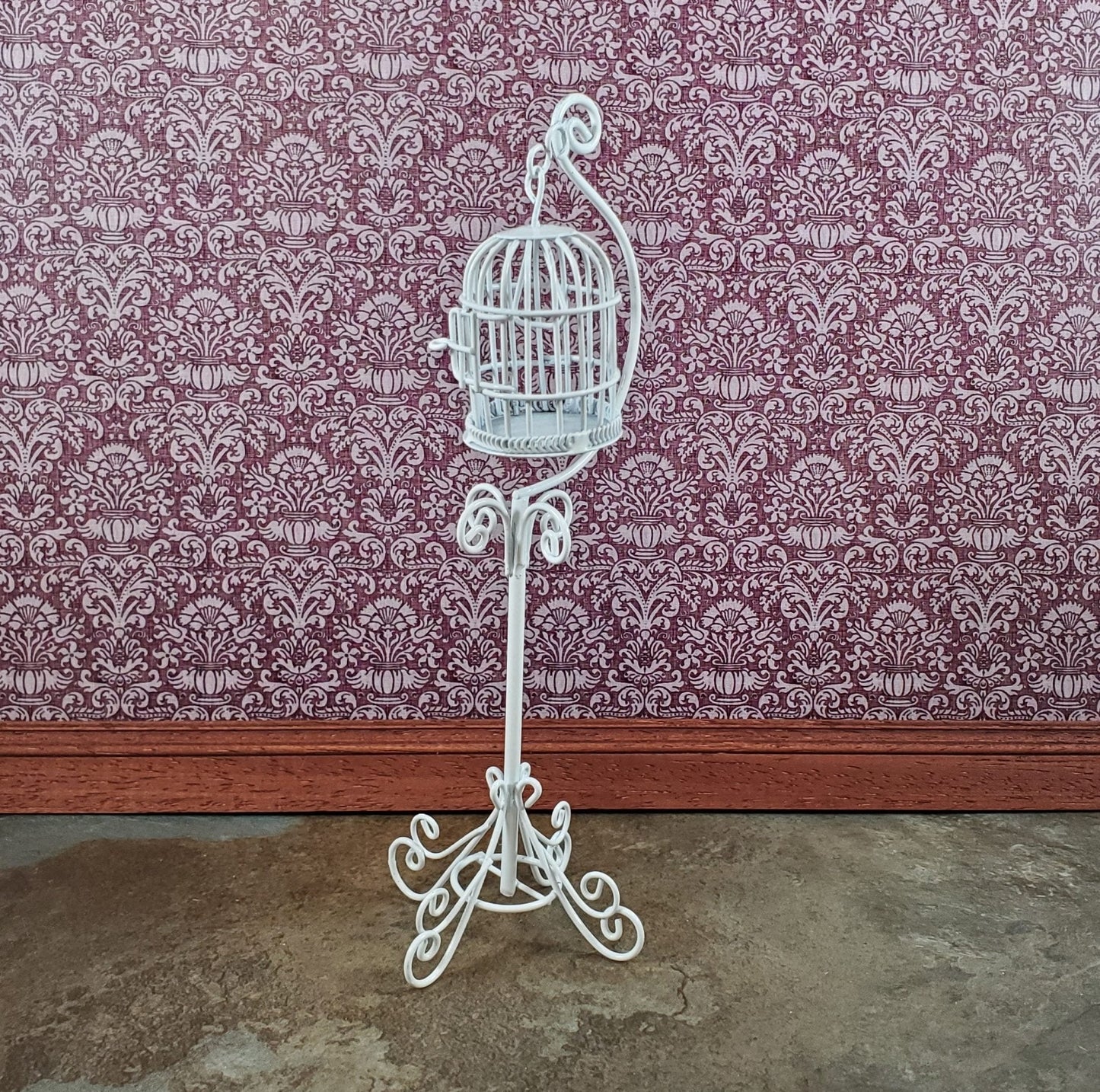 Dollhouse Tall Birdcage with Stand White Metal 1:12 Scale Miniature Opening Door - Miniature Crush