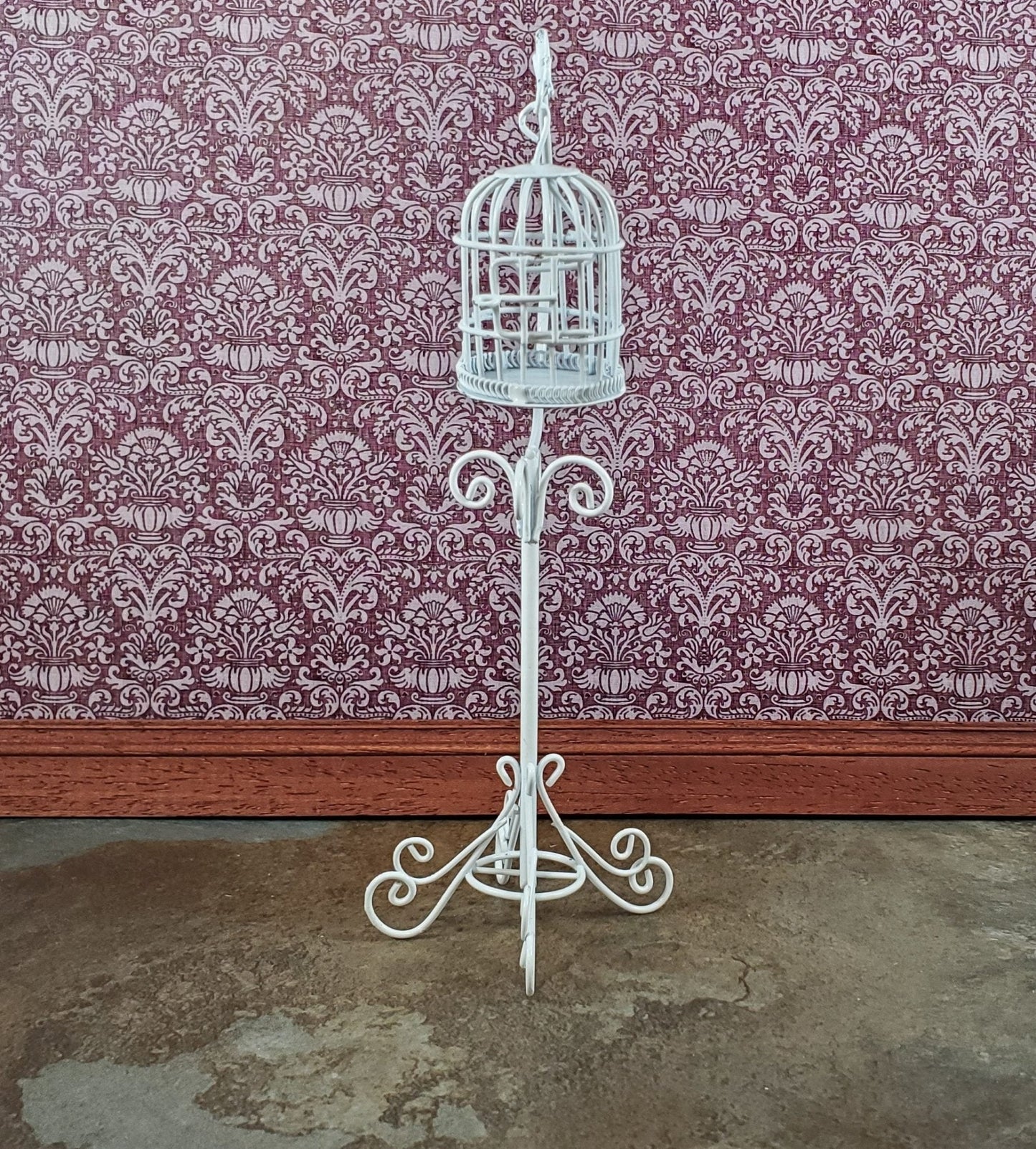 Dollhouse Tall Birdcage with Stand White Metal 1:12 Scale Miniature Opening Door - Miniature Crush