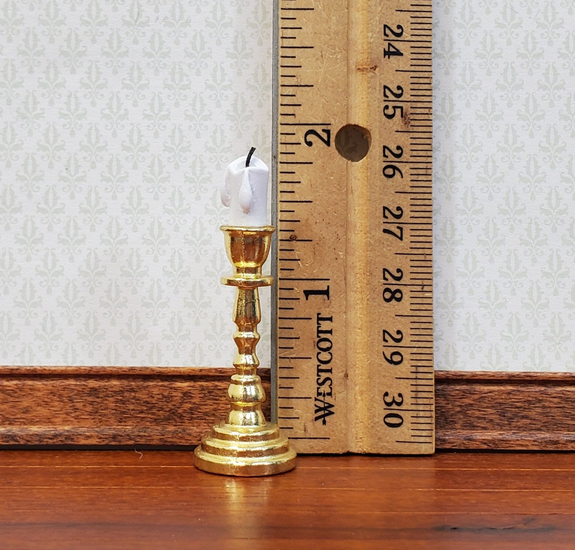 Dollhouse Tall Candlestick Gold Finish Miniature Decor Use in 1:12 or 1/6 Scale Settings - Miniature Crush