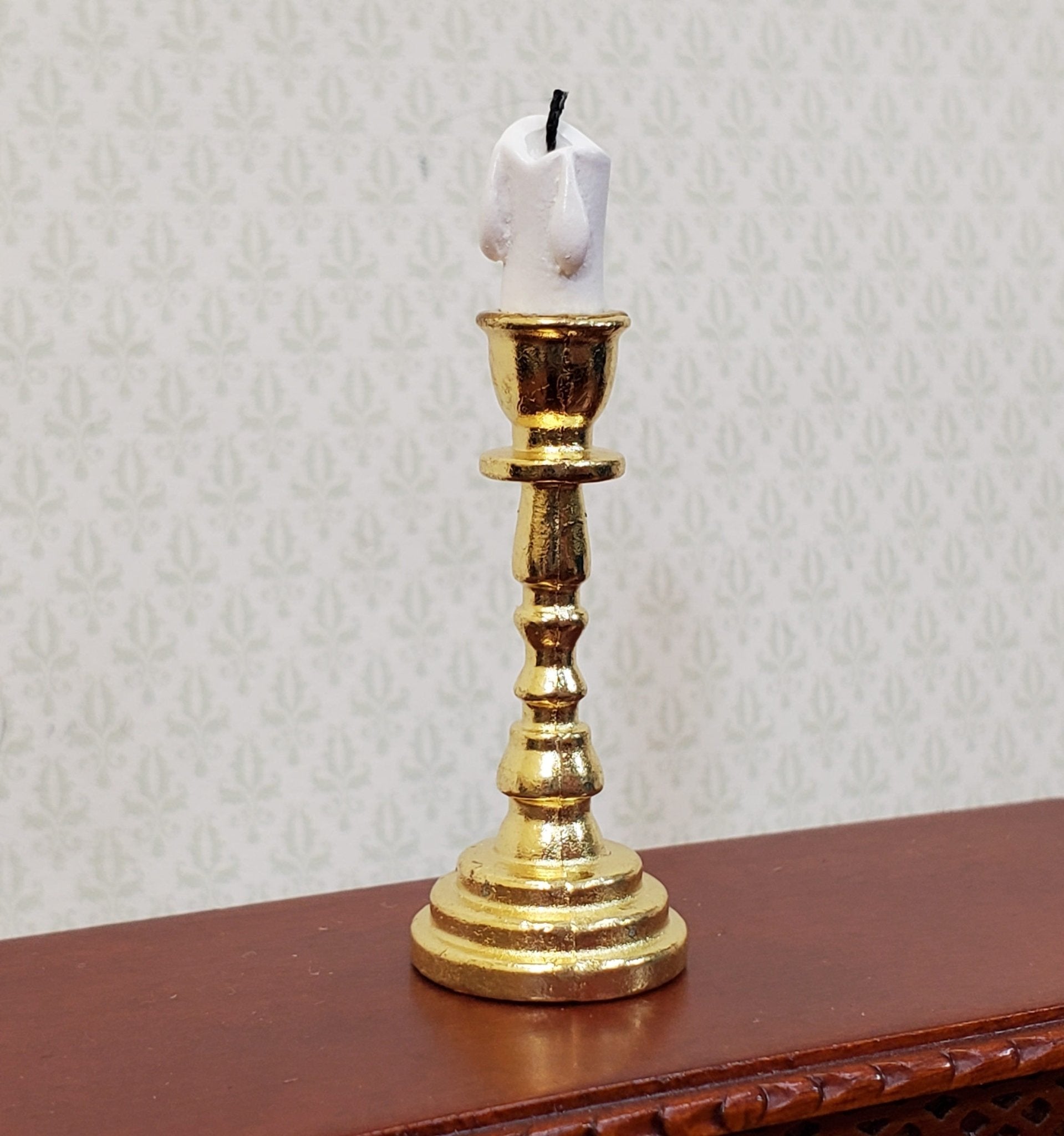 Dollhouse Tall Candlestick Gold Finish Miniature Decor Use in 1:12 or 1/6 Scale Settings - Miniature Crush