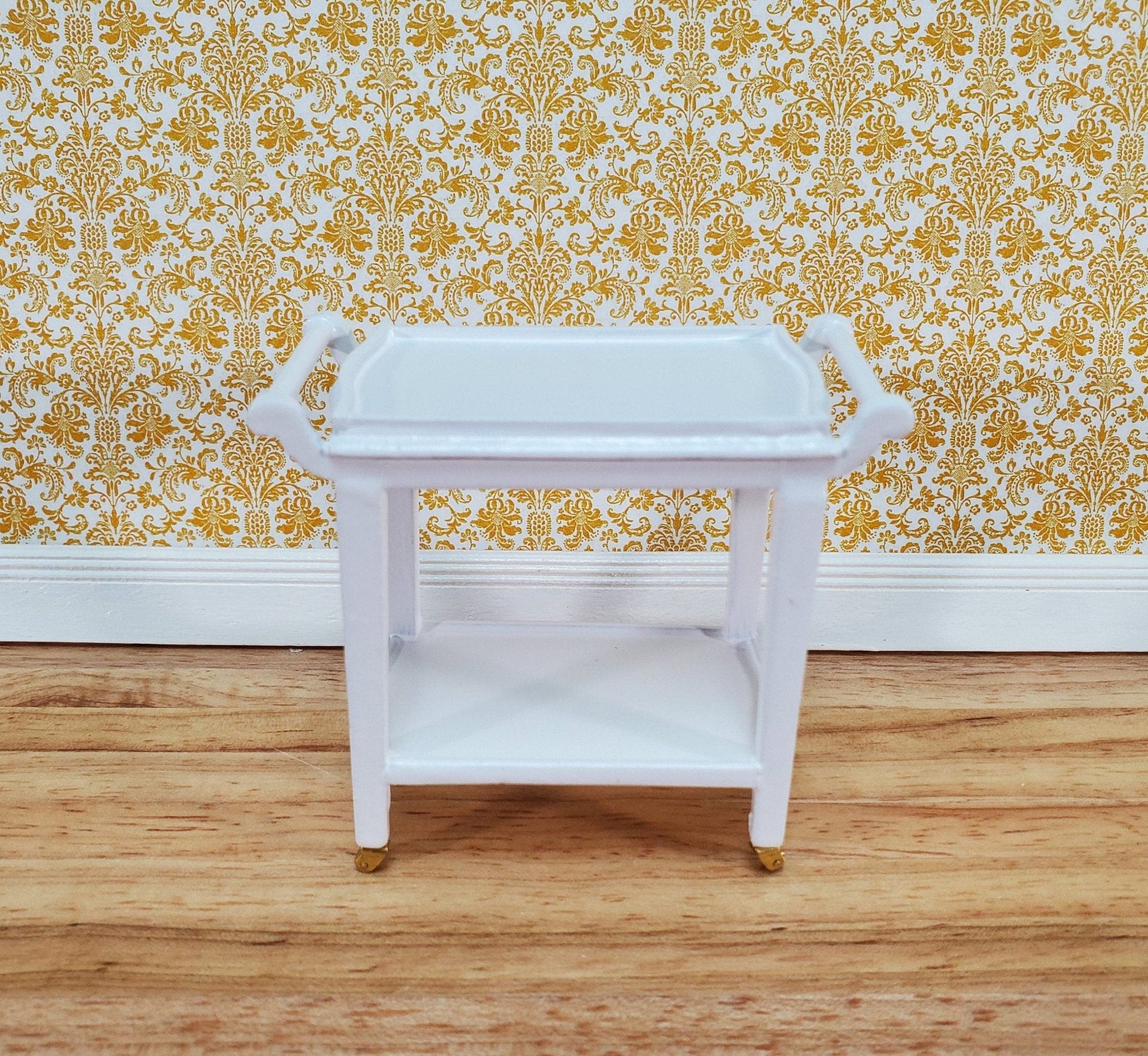 Dollhouse Tea Cart Two Tiered Serving Trolley White Wood with Wheels 1:12 Scale Miniature - Miniature Crush