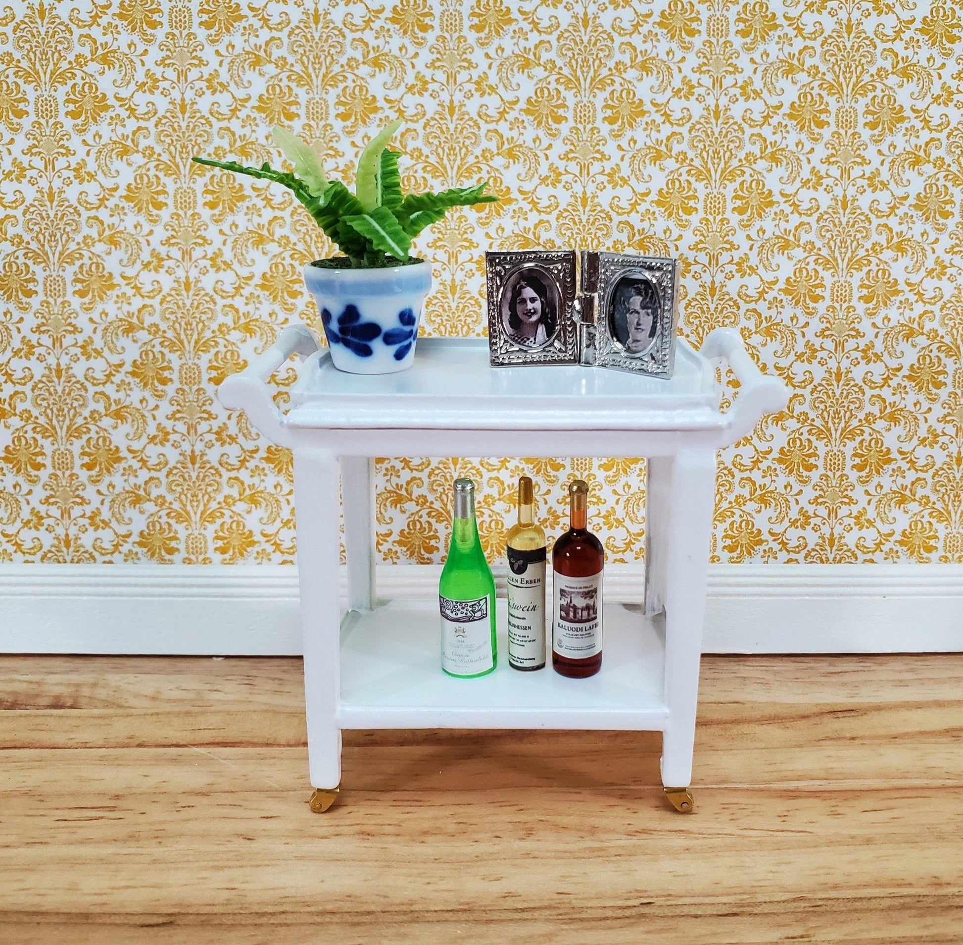Dollhouse Tea Cart Two Tiered Serving Trolley White Wood with Wheels 1:12 Scale Miniature - Miniature Crush