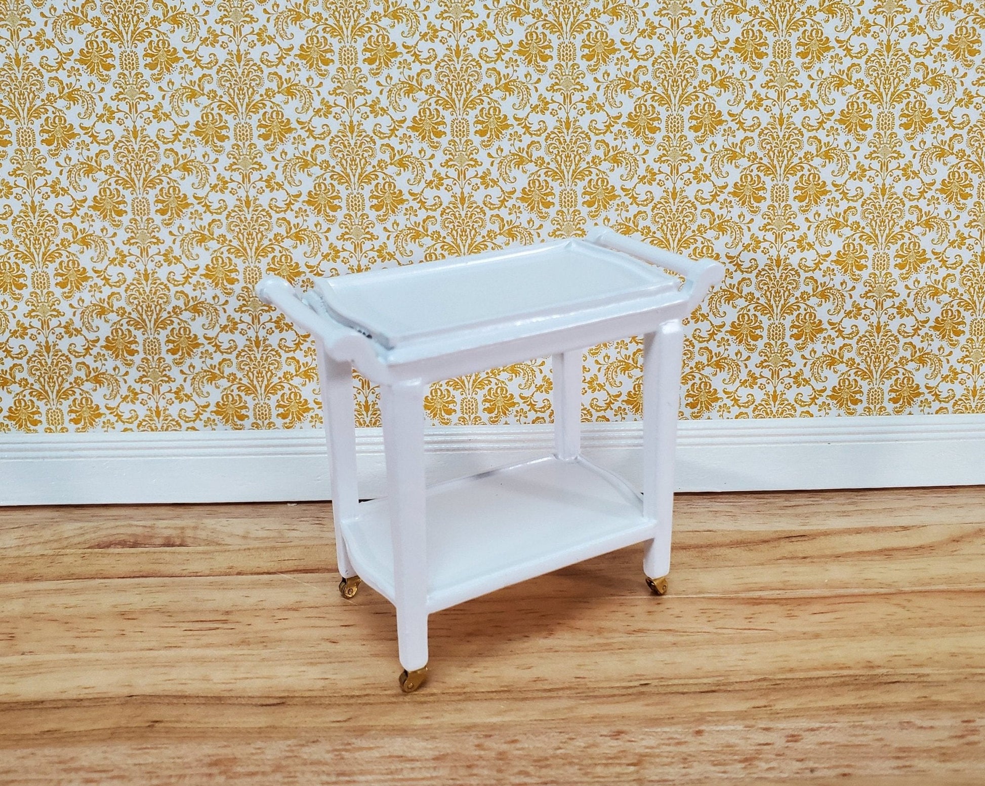 Dollhouse Tea Cart Two Tiered Serving Trolley White Wood with Wheels 1:12 Scale Miniature - Miniature Crush