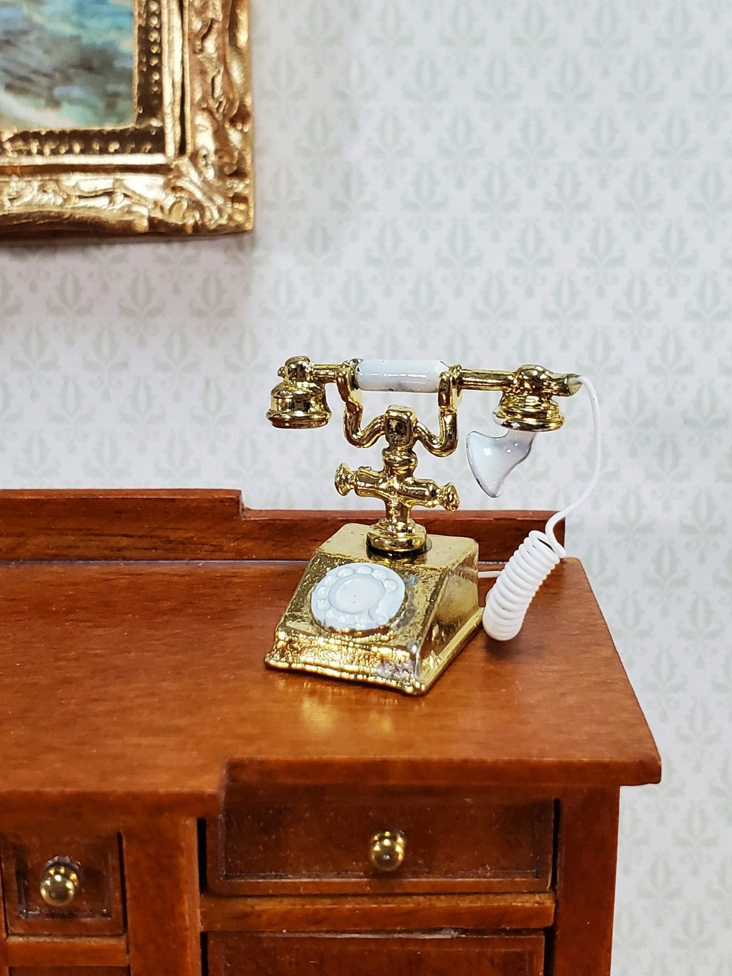 Dollhouse Telephone Vintage Style 1890s - 1920s Gold 1:12 Scale Miniature Phone - Miniature Crush