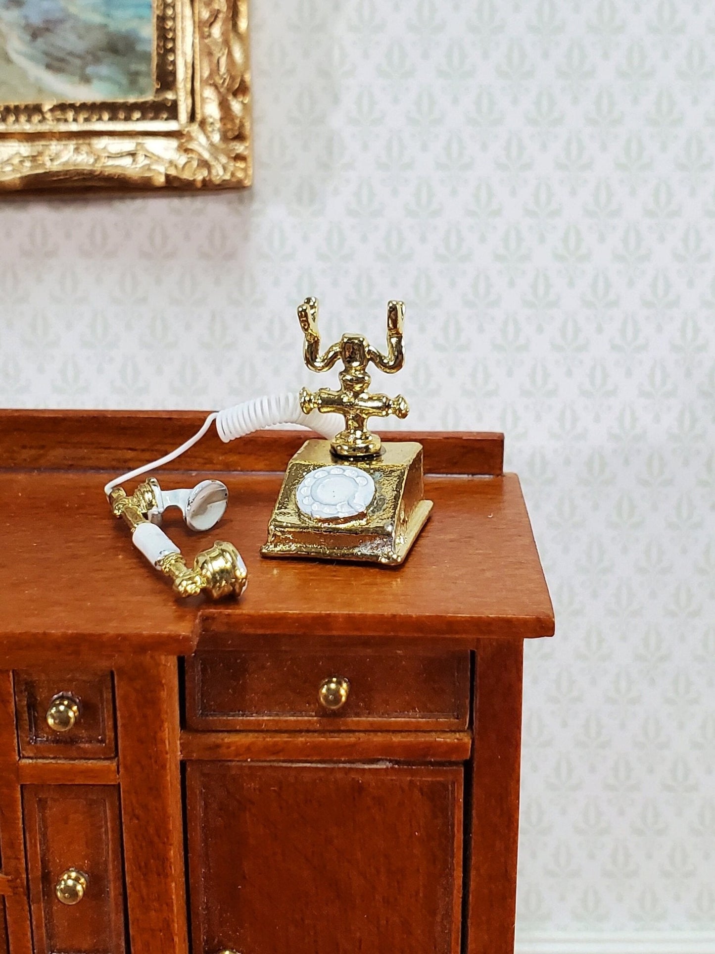 Dollhouse Telephone Vintage Style 1890s - 1920s Gold 1:12 Scale Miniature Phone - Miniature Crush