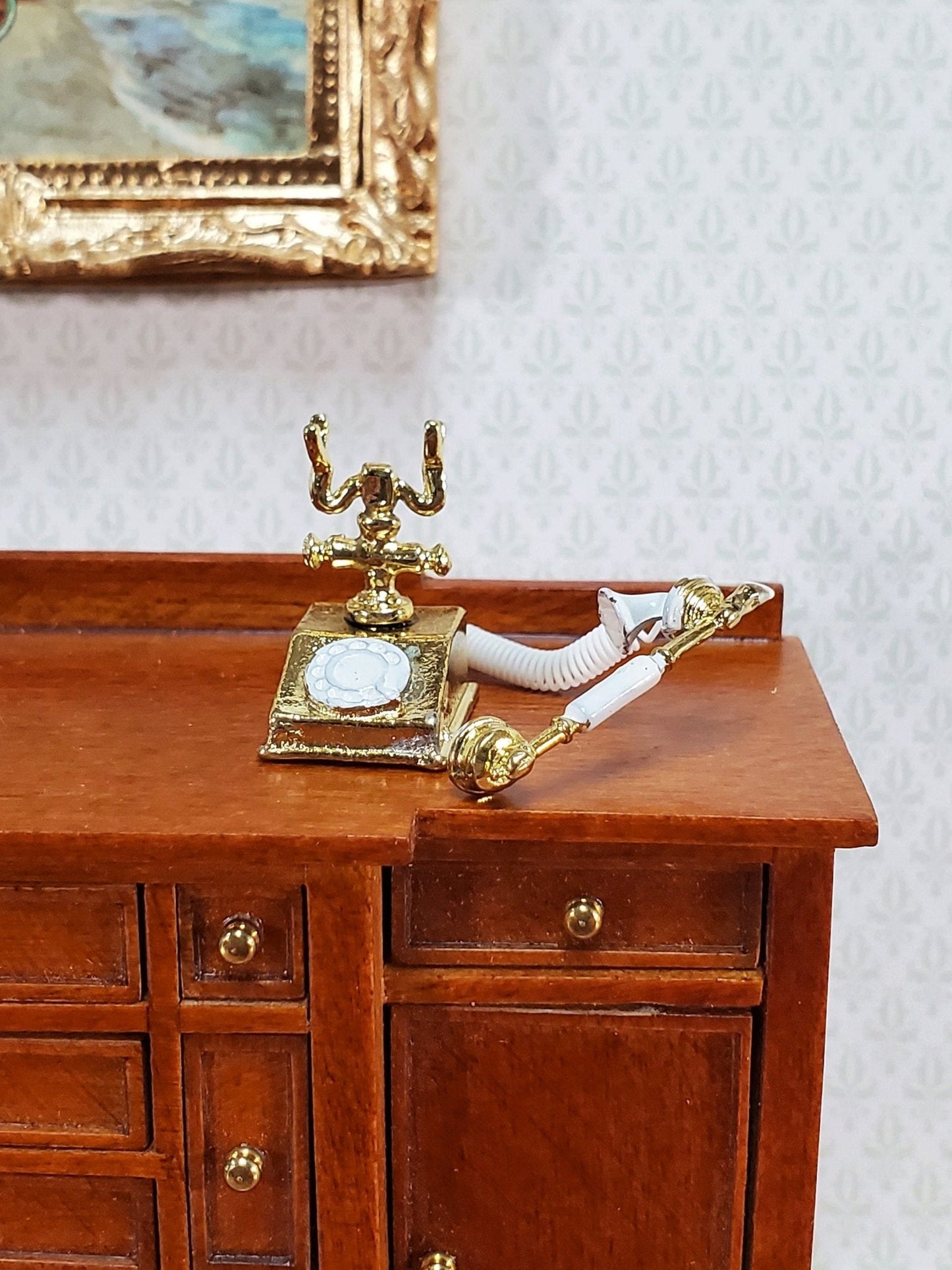 Dollhouse Telephone Vintage Style 1890s - 1920s Gold 1:12 Scale Miniature Phone - Miniature Crush