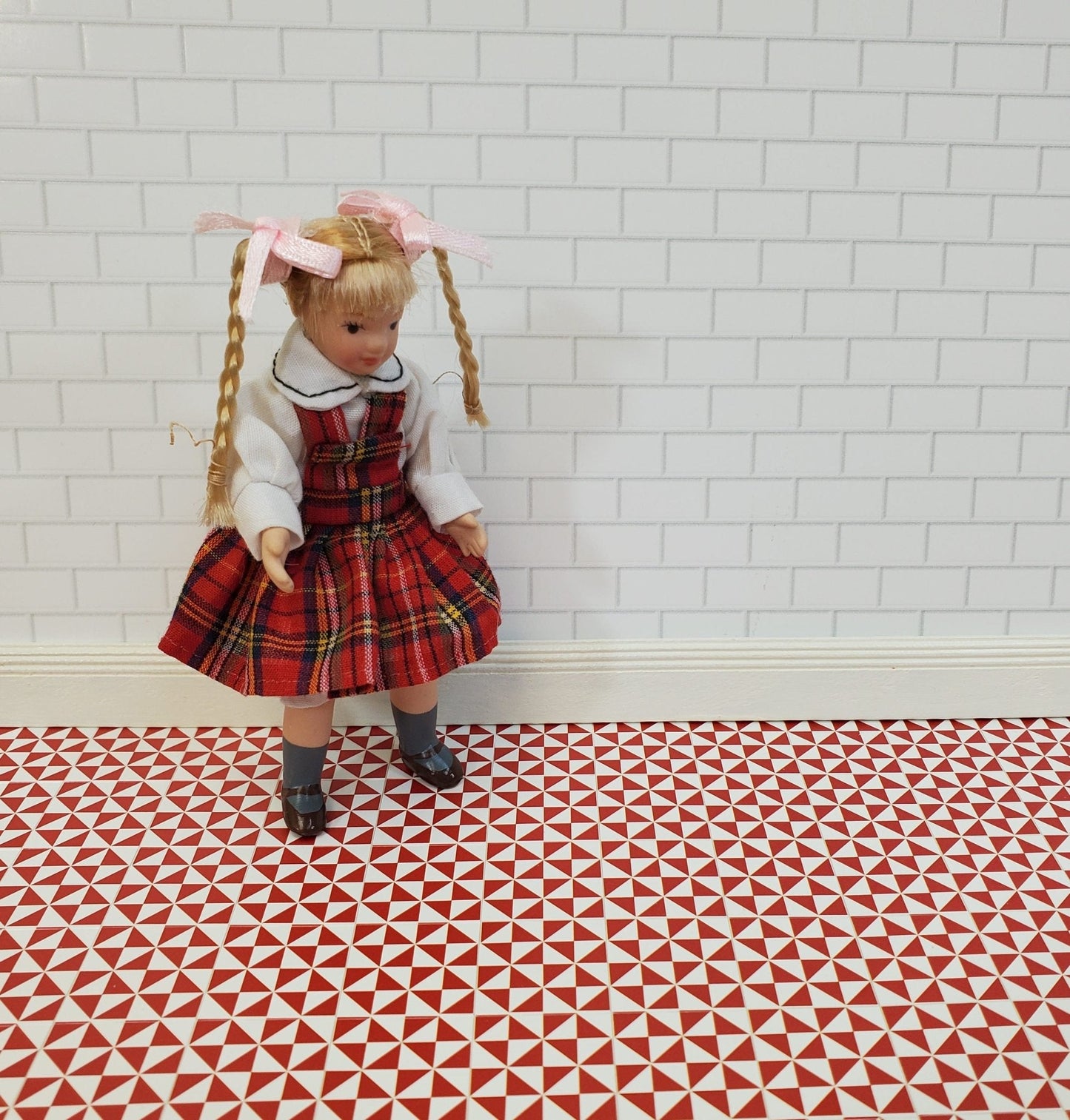 Dollhouse Tile Floor Sheet Red & White Geometric 1:12 Scale Miniature by World Model - Miniature Crush