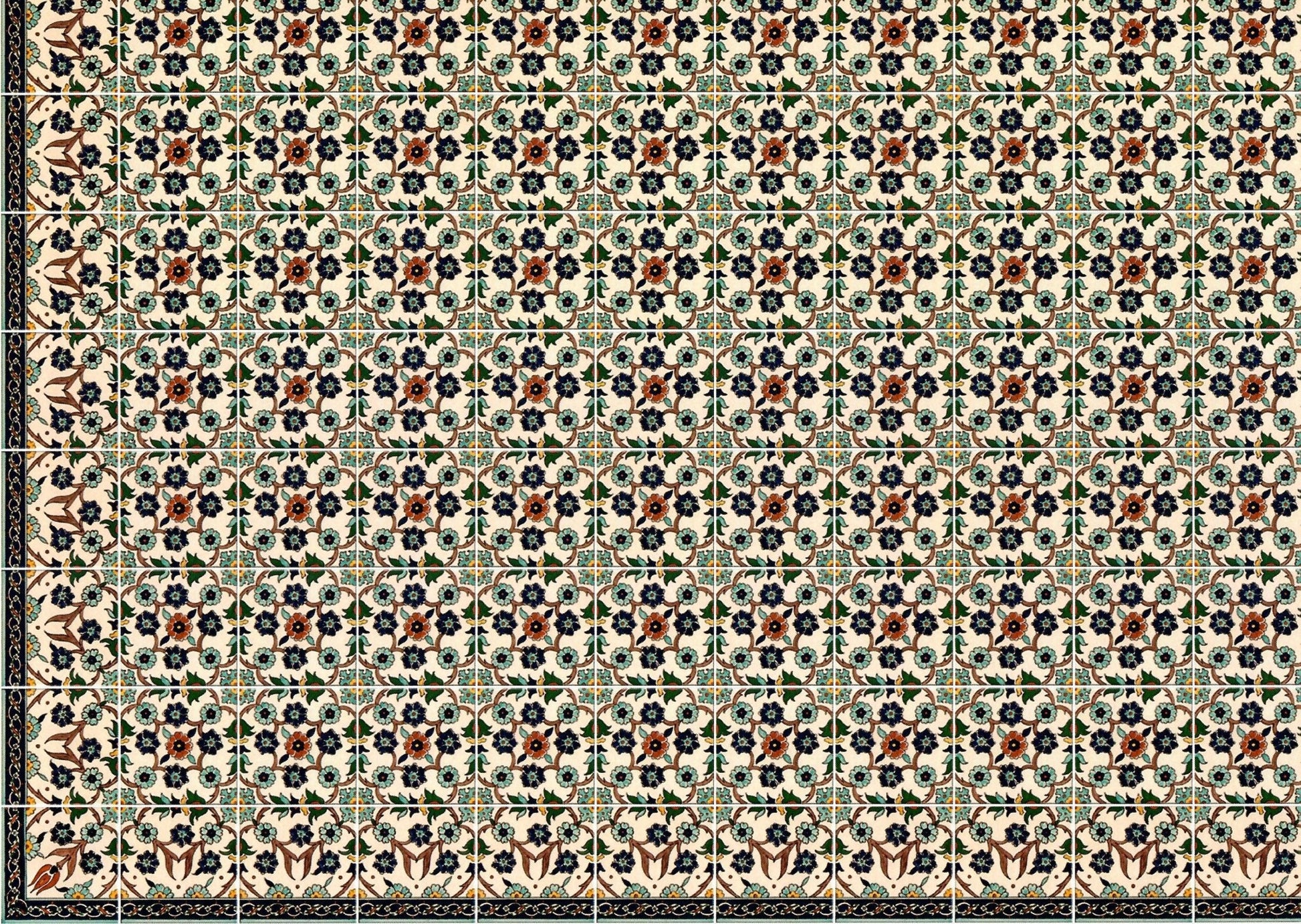 Dollhouse Tile Wallpaper Victorian Blue Green Flowers 1:12 Scale Itsy Bitsy - Miniature Crush