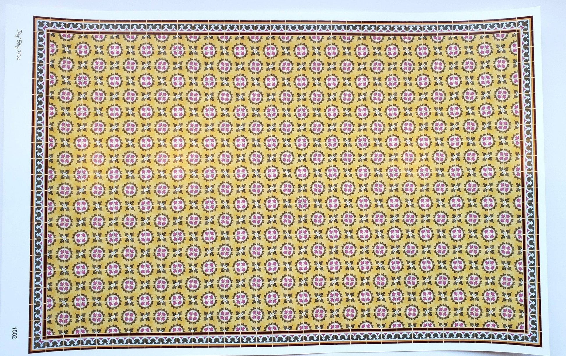 Dollhouse Tile Wallpaper Victorian Yellow Olive Green Pink 1:12 Scale Itsy Bitsy - Miniature Crush
