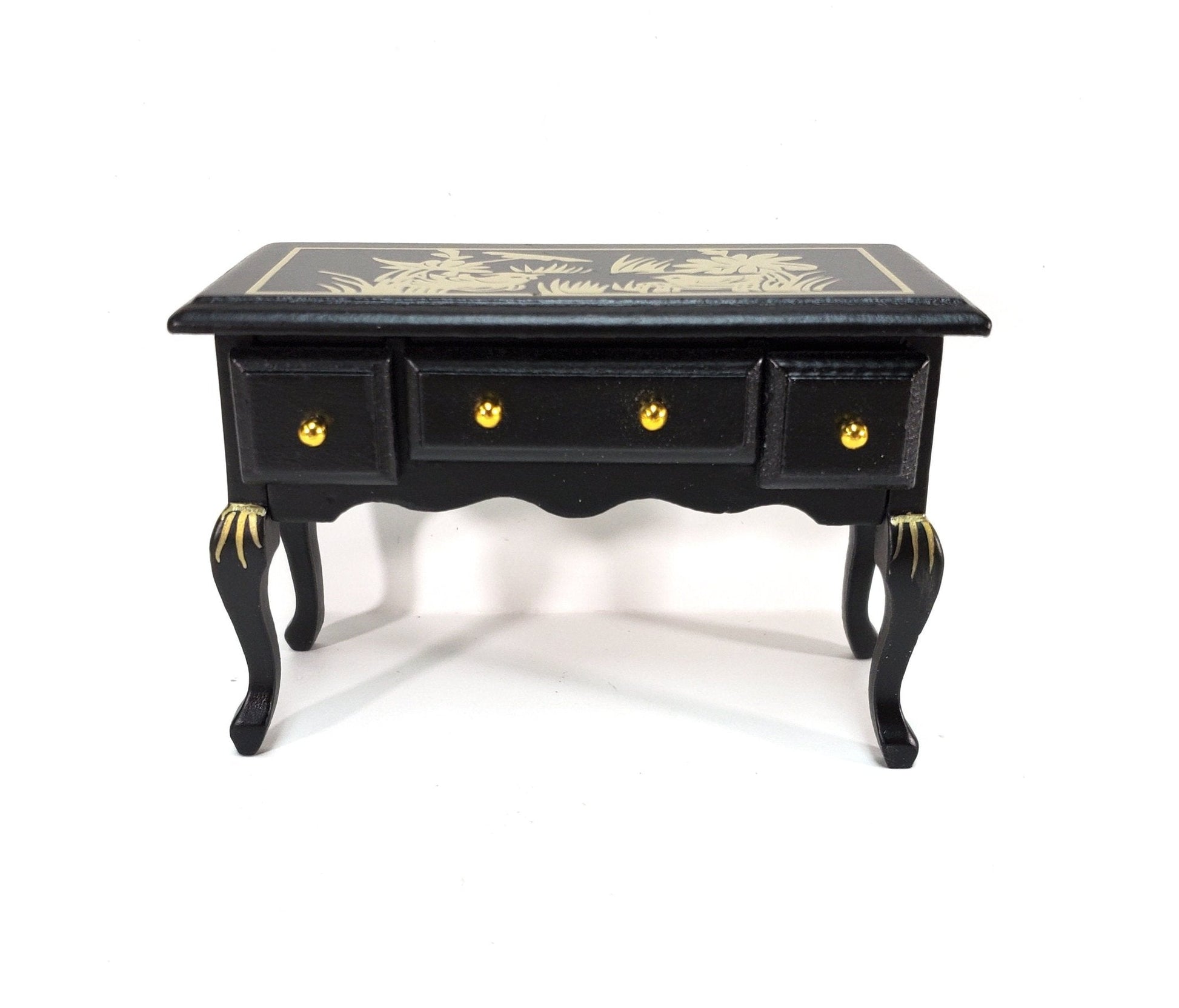 Dollhouse Vanity Desk with Drawers Wood Black Finish Asian Design 1:12 Scale Furniture - Miniature Crush