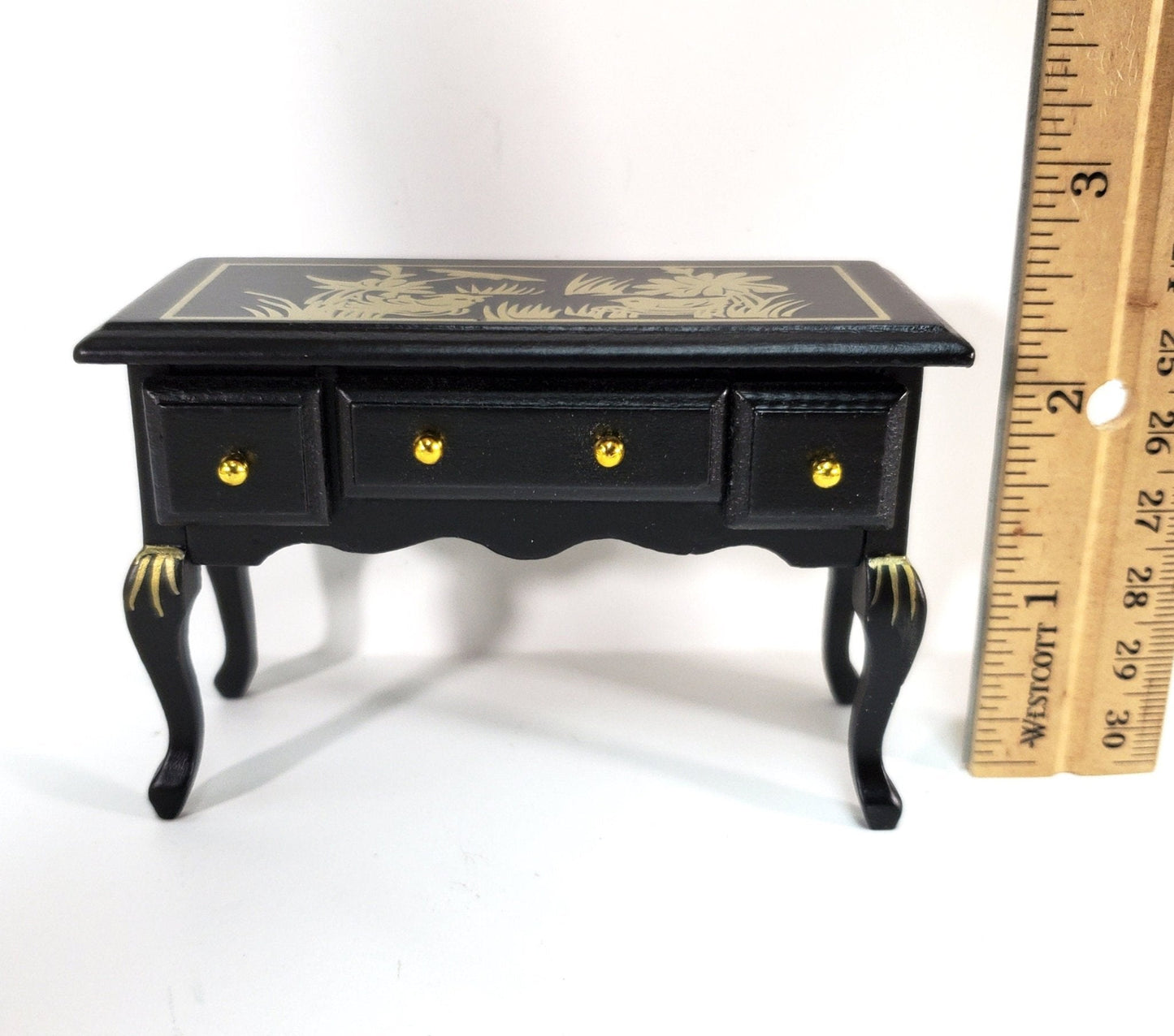 Dollhouse Vanity Desk with Drawers Wood Black Finish Asian Design 1:12 Scale Furniture - Miniature Crush