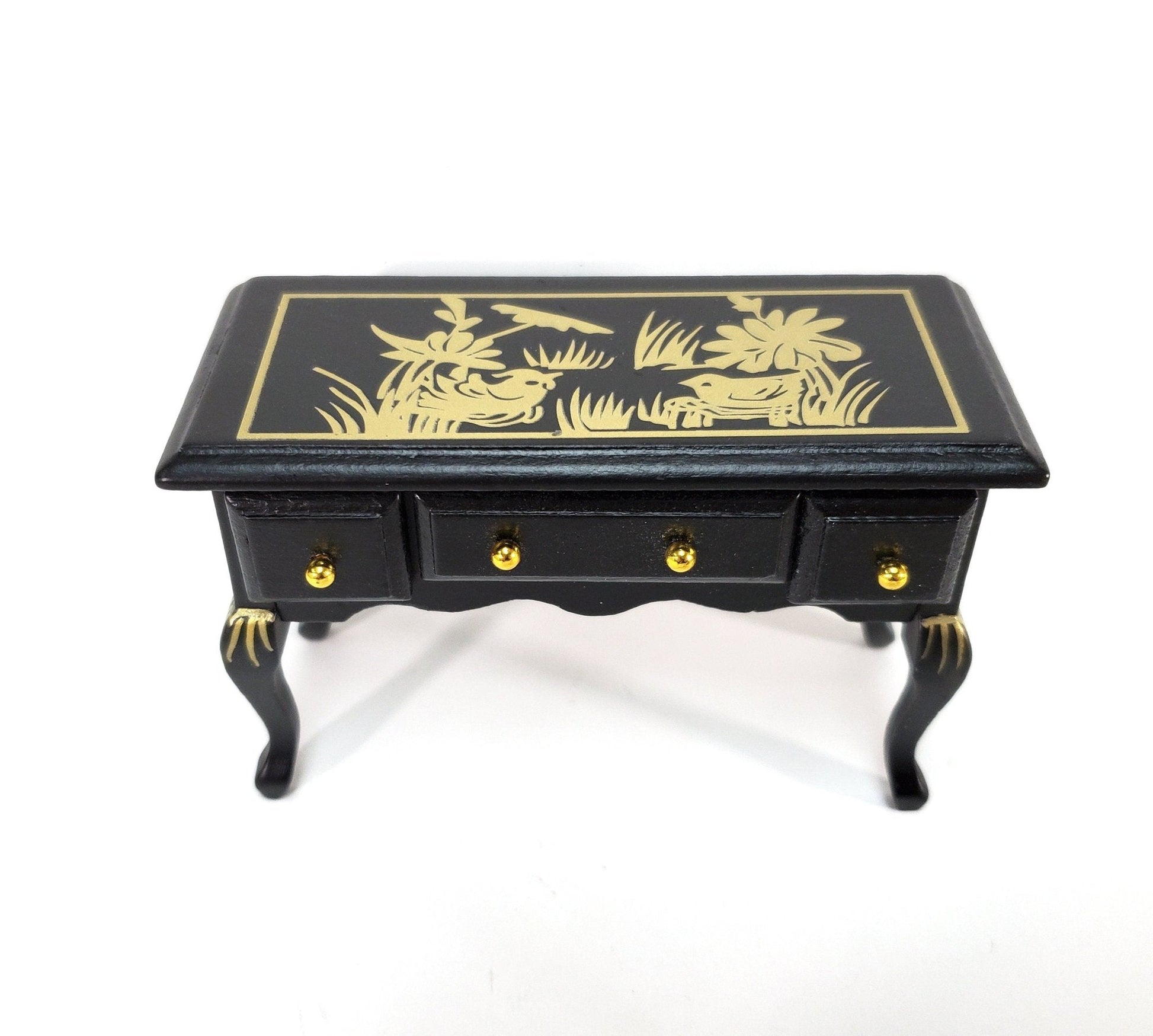 Dollhouse Vanity Desk with Drawers Wood Black Finish Asian Design 1:12 Scale Furniture - Miniature Crush