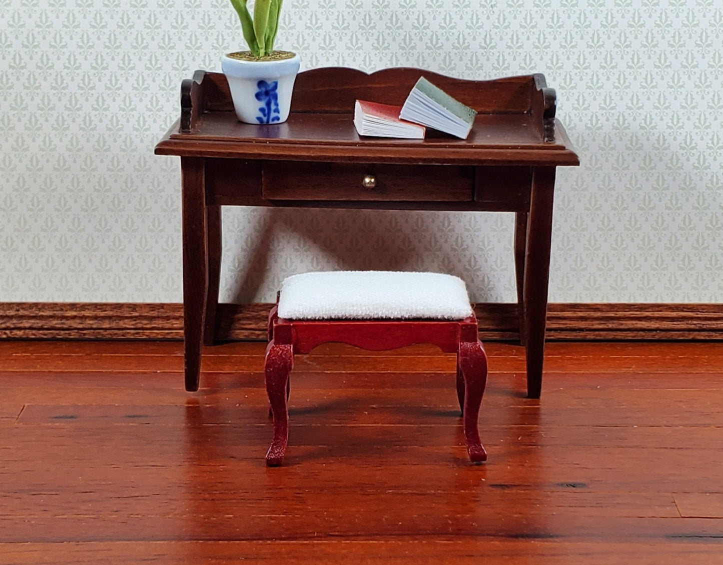Dollhouse Vanity Stool Bench Mahogany Finish Fabric Seat 1:12 Scale Miniature Furniture - Miniature Crush