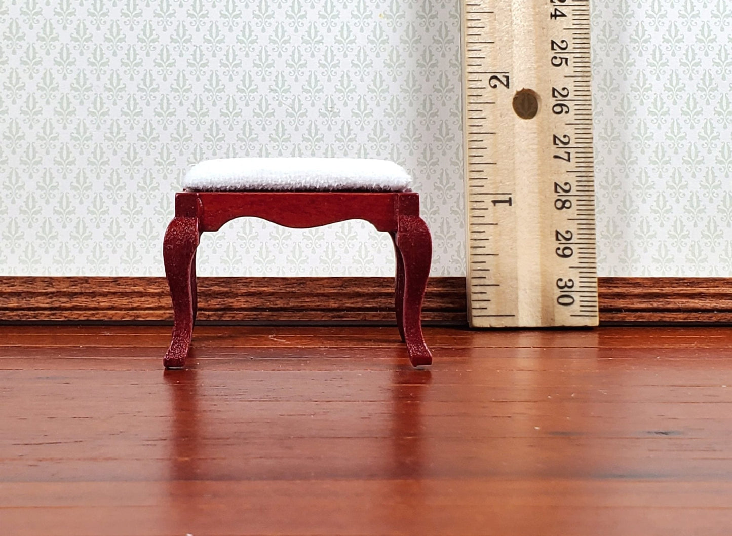 Dollhouse Vanity Stool Bench Mahogany Finish Fabric Seat 1:12 Scale Miniature Furniture - Miniature Crush