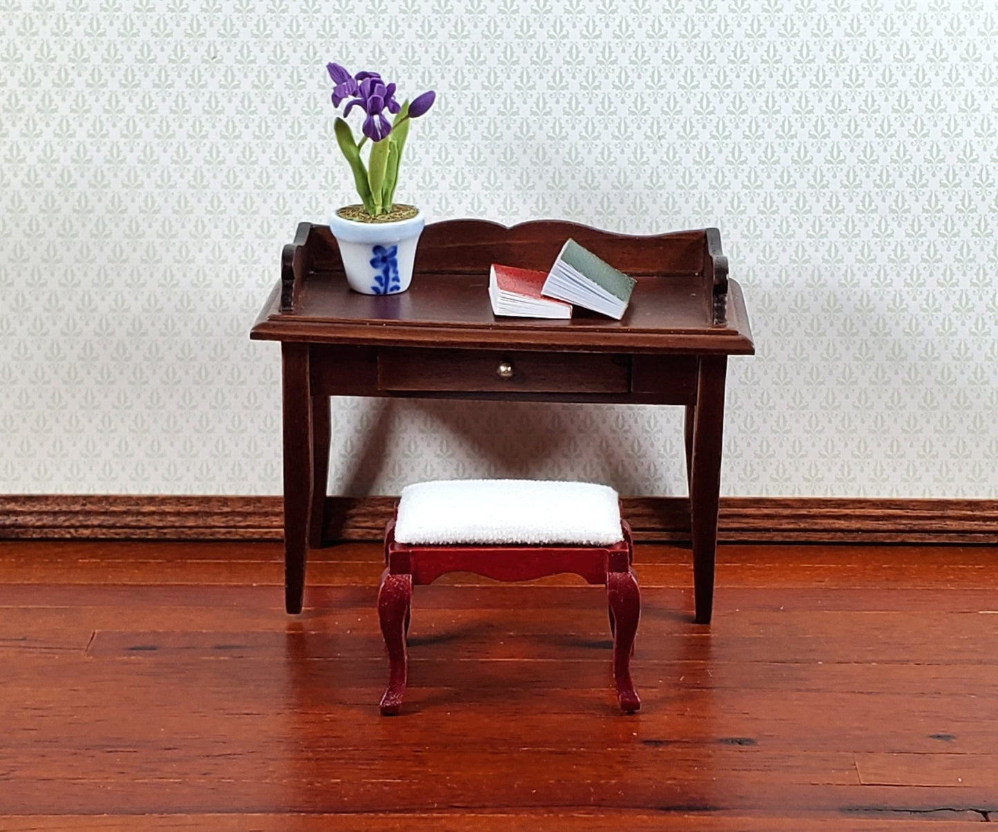 Dollhouse Vanity Stool Bench Mahogany Finish Fabric Seat 1:12 Scale Miniature Furniture - Miniature Crush