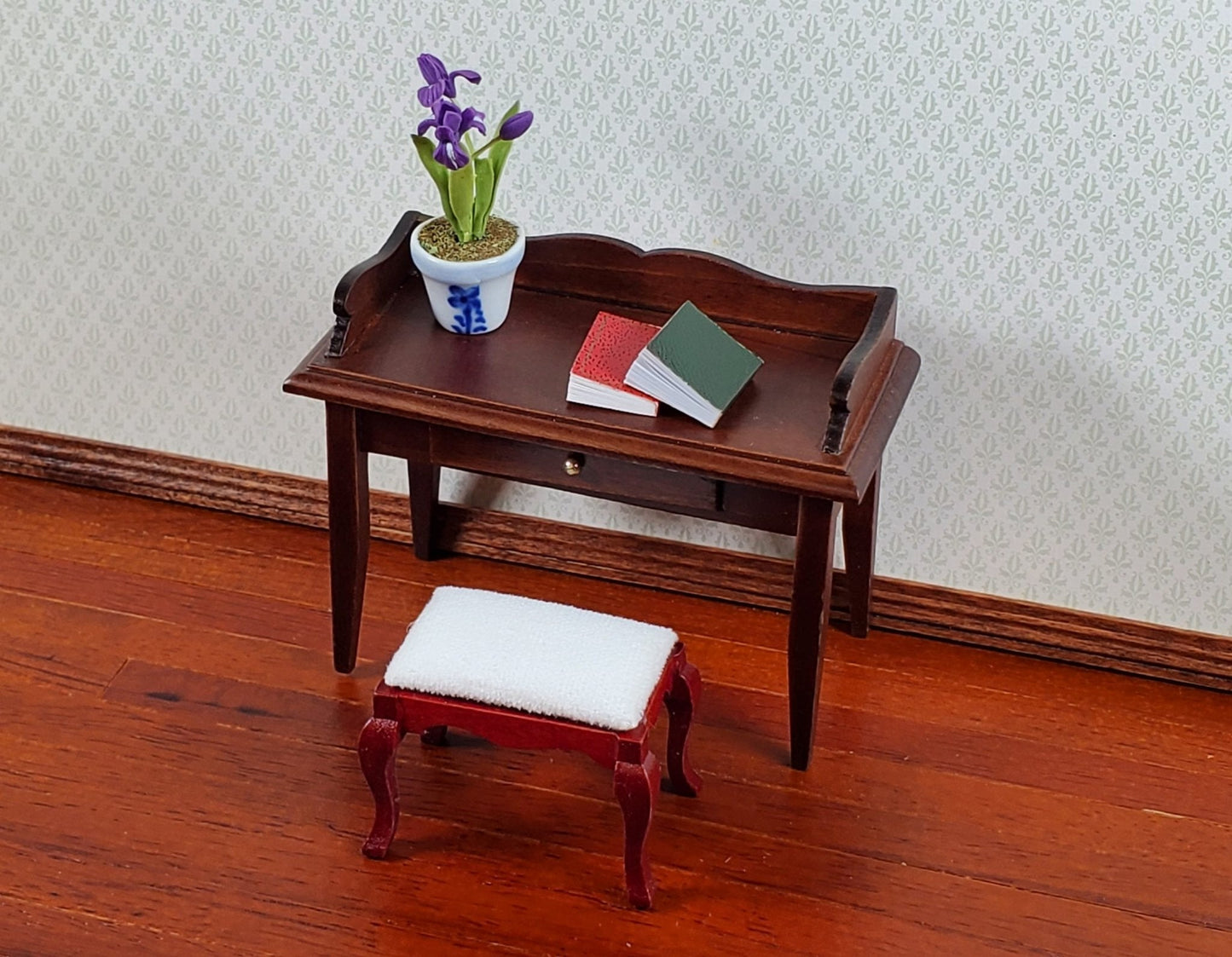 Dollhouse Vanity Stool Bench Mahogany Finish Fabric Seat 1:12 Scale Miniature Furniture - Miniature Crush