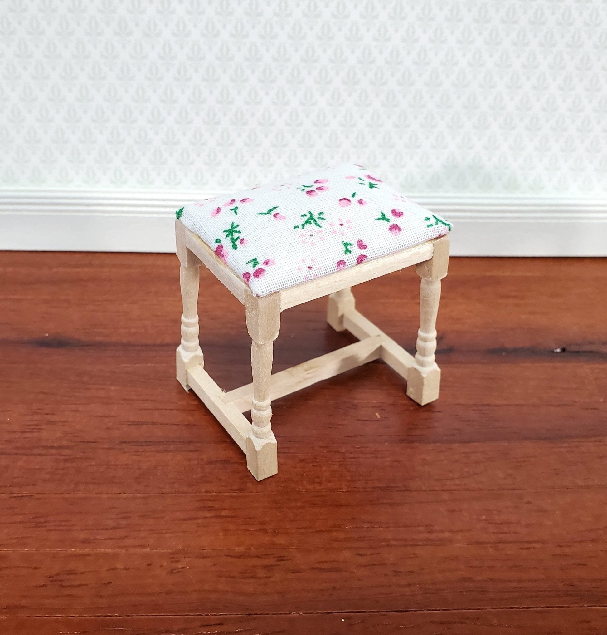 Dollhouse Vanity Stool Bench Unpainted Wood Fabric Seat 1:12 Scale Miniature Furniture - Miniature Crush