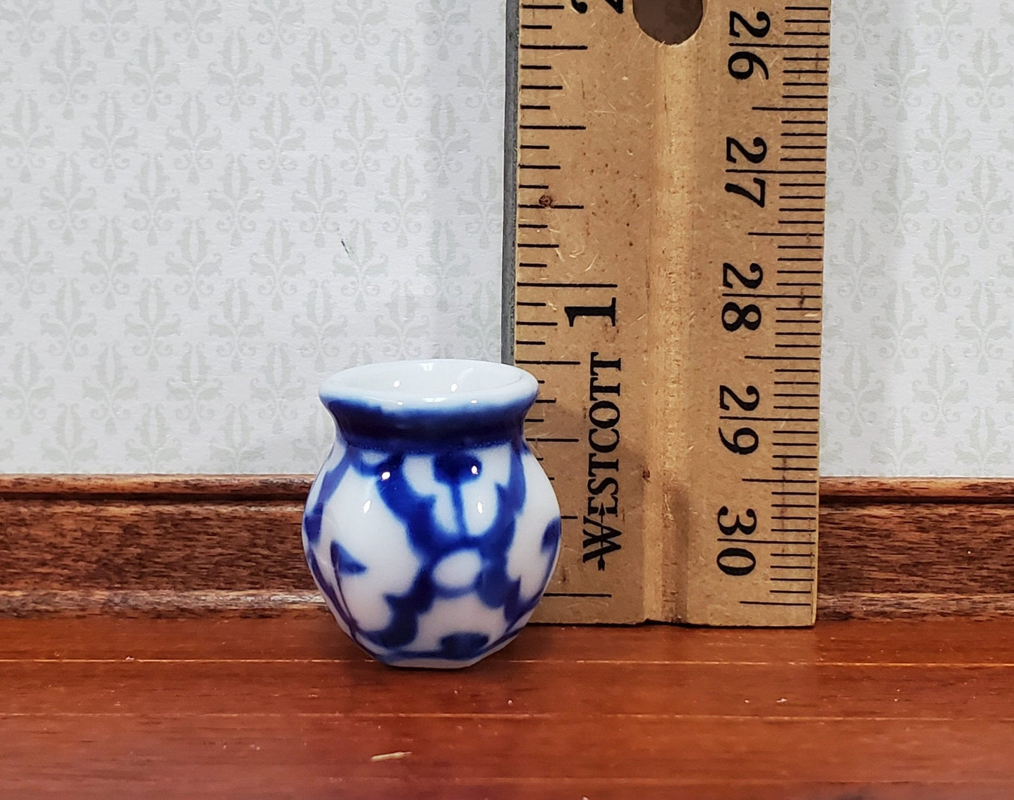 Dollhouse Vase Blue & White Patterned or Decorative Planter Ceramic Use in 1:12 or 1/6 Scale Miniatures - Miniature Crush