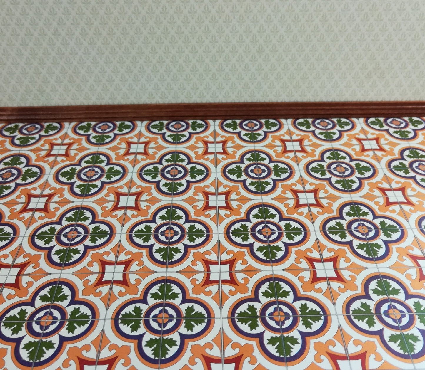 Dollhouse Victorian Clover Tile Flooring 1:12 Scale Miniature Green & Light Orange - Miniature Crush