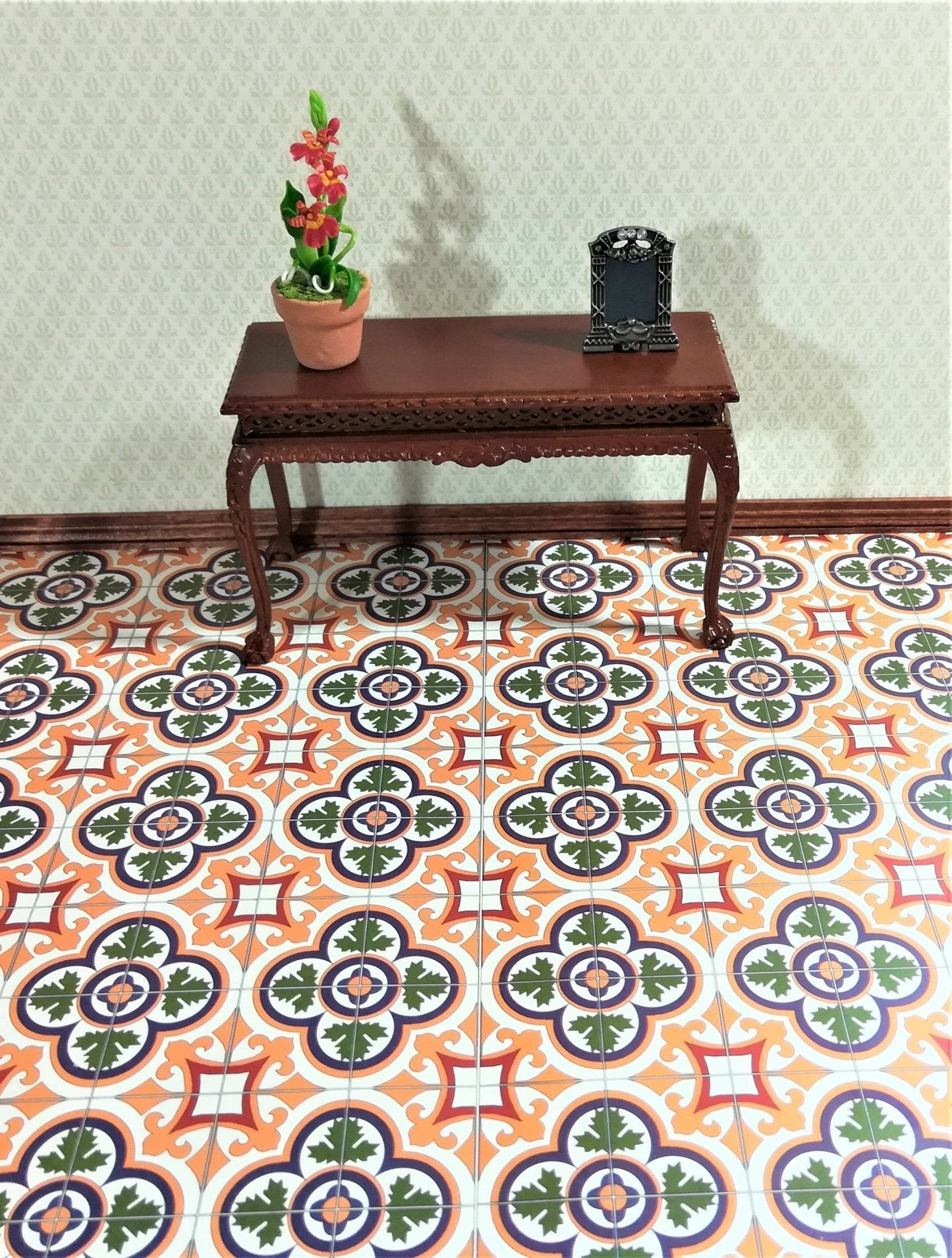 Dollhouse Victorian Clover Tile Flooring 1:12 Scale Miniature Green & Light Orange - Miniature Crush