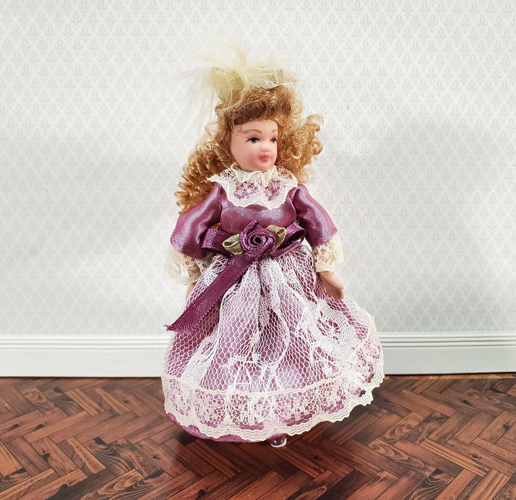 Dollhouse Victorian Girl Doll Curly Hair Porcelain Poseable 1:12 Scale Miniature Pink Dress with Lace