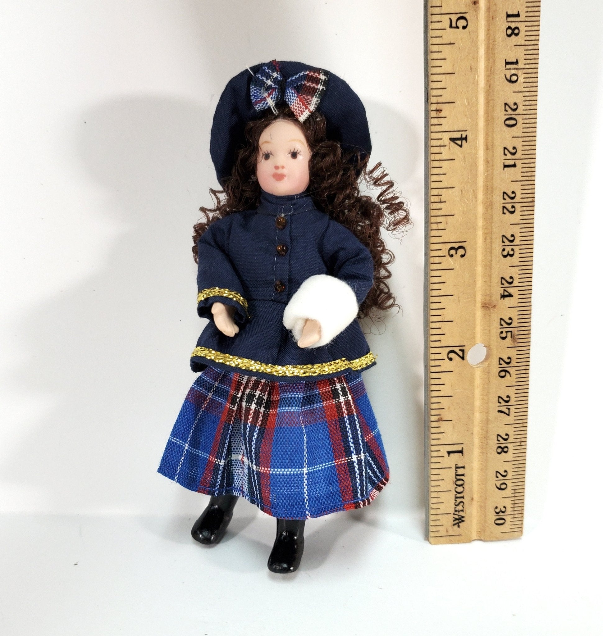 Dollhouse Victorian Girl in Blue with Hand Muff Porcelain 1:12 Scale Miniature Family - Miniature Crush