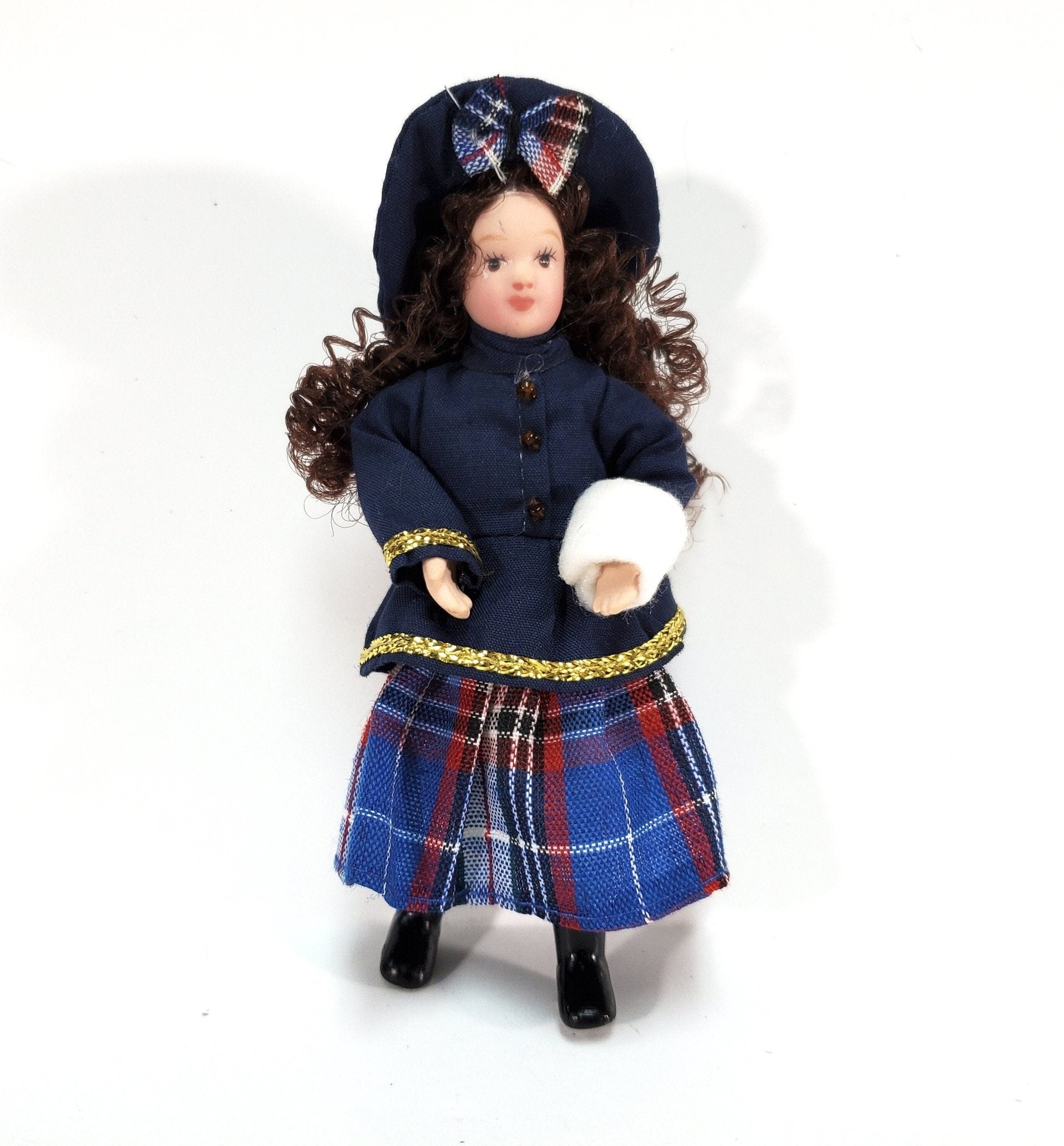 Dollhouse Victorian Girl in Blue with Hand Muff Porcelain 1:12 Scale Miniature Family - Miniature Crush