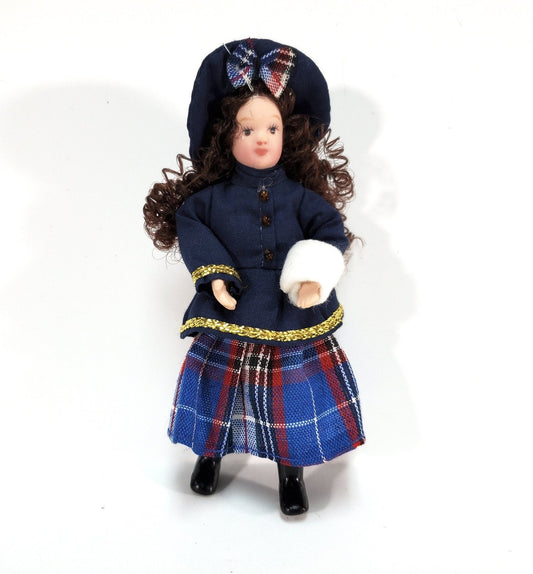 Dollhouse Victorian Girl in Blue with Hand Muff Porcelain 1:12 Scale Miniature Family - Miniature Crush