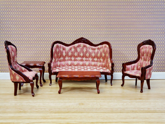 Dollhouse Victorian Living Room Set Sofa Chairs Tables 1:12 Scale Furniture Dark Pink - Miniature Crush