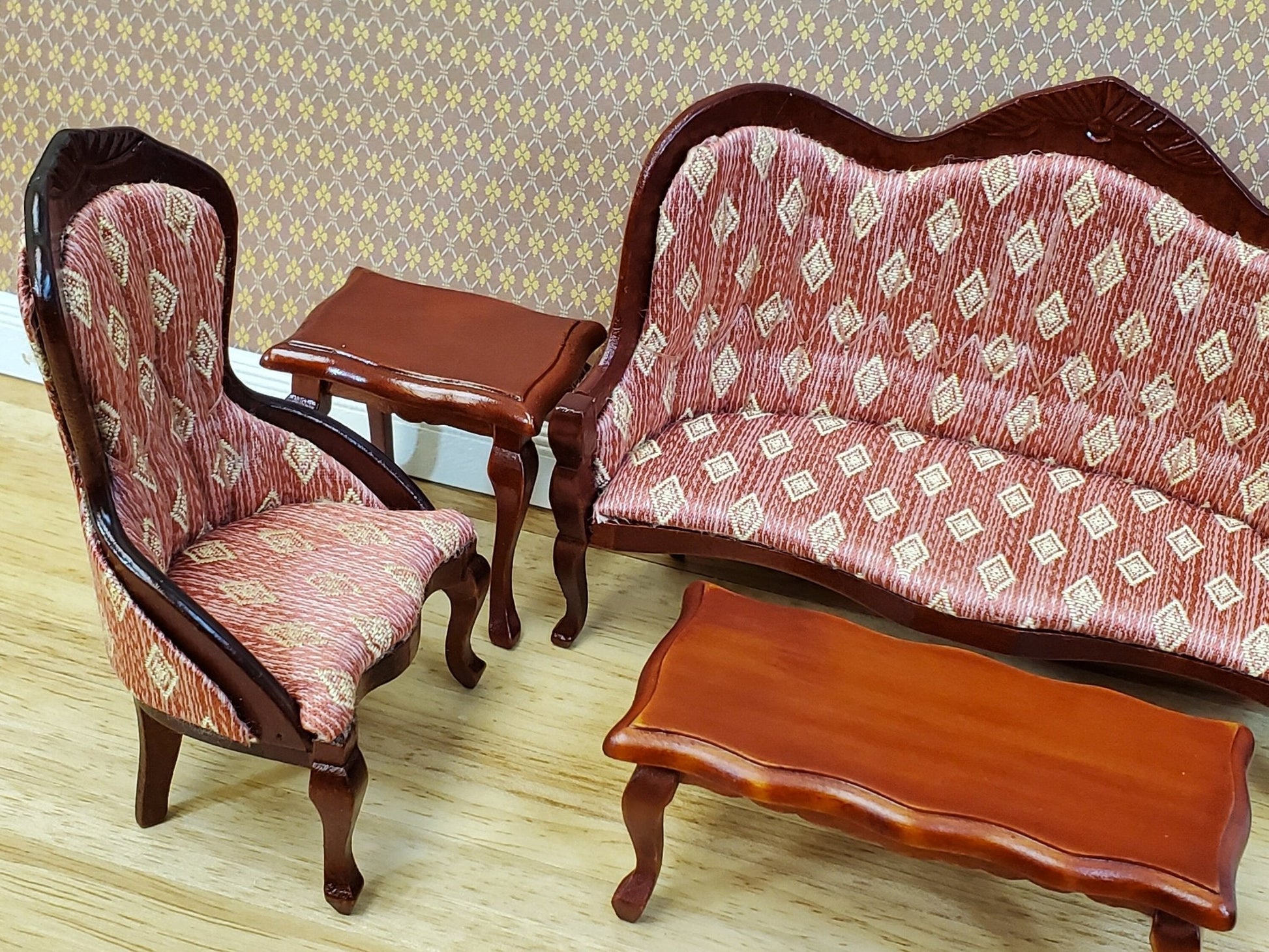 Dollhouse Victorian Living Room Set Sofa Chairs Tables 1:12 Scale Furniture Dark Pink - Miniature Crush