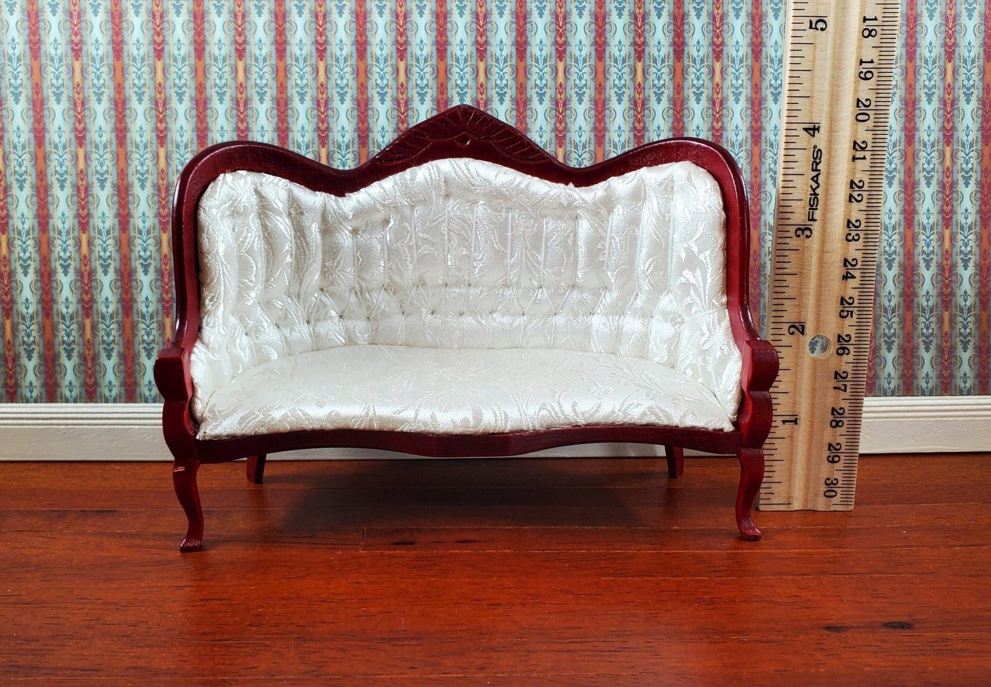 Dollhouse Victorian Sofa Couch White 1:12 Scale Miniature Furniture Mahogany Finish - Miniature Crush