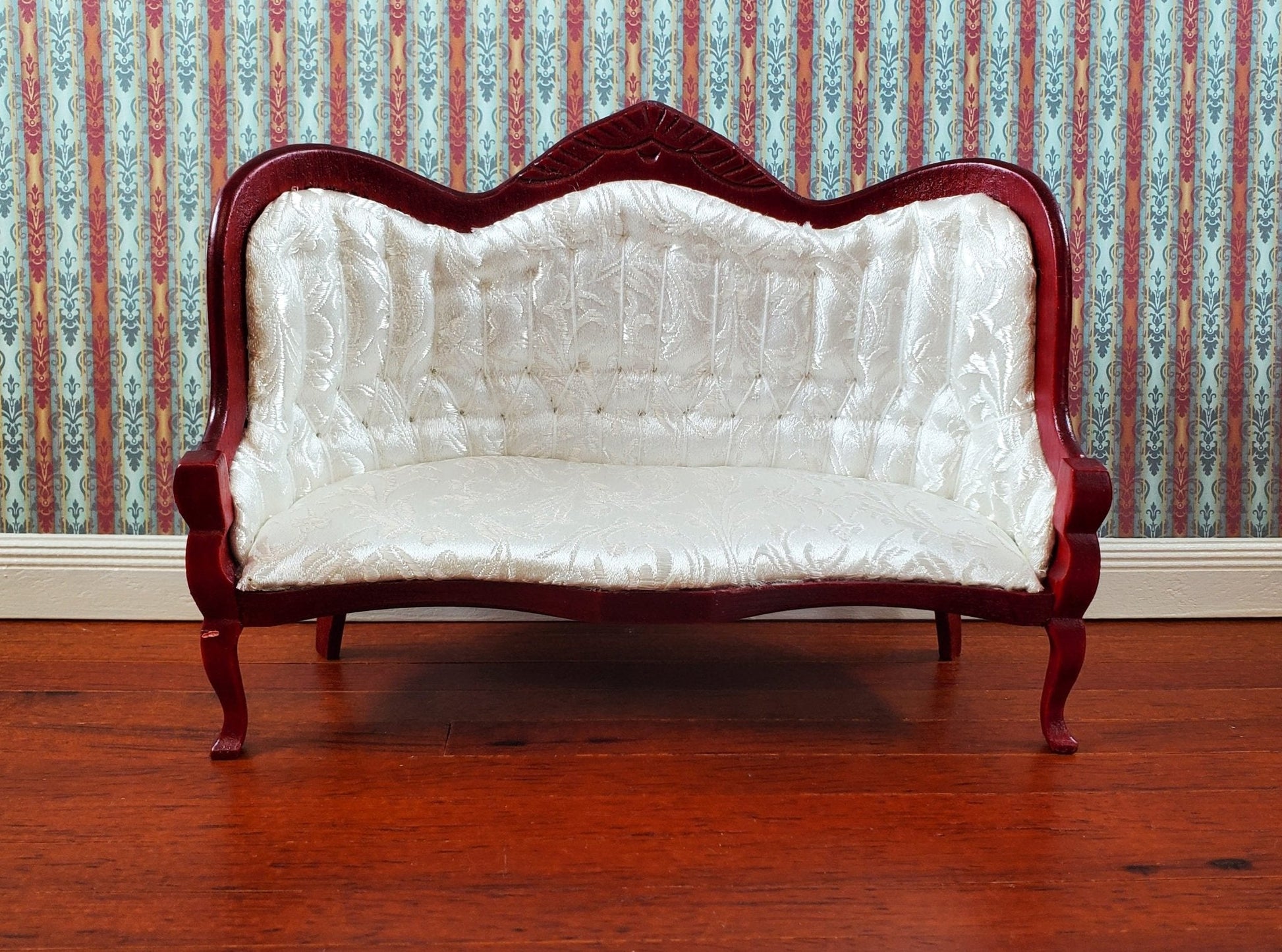Dollhouse Victorian Sofa Couch White 1:12 Scale Miniature Furniture Mahogany Finish - Miniature Crush