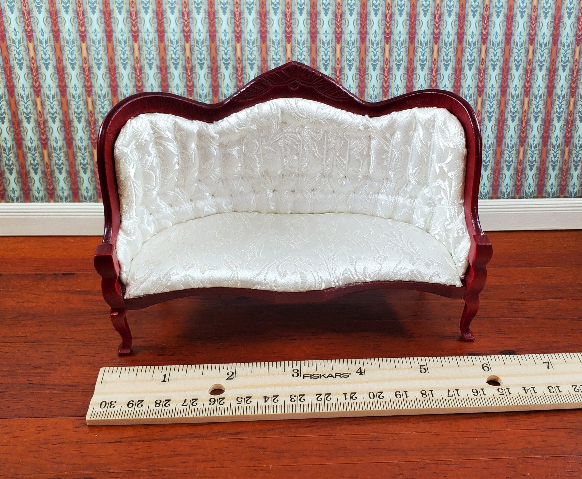 Dollhouse Victorian Sofa Couch White 1:12 Scale Miniature Furniture Mahogany Finish - Miniature Crush