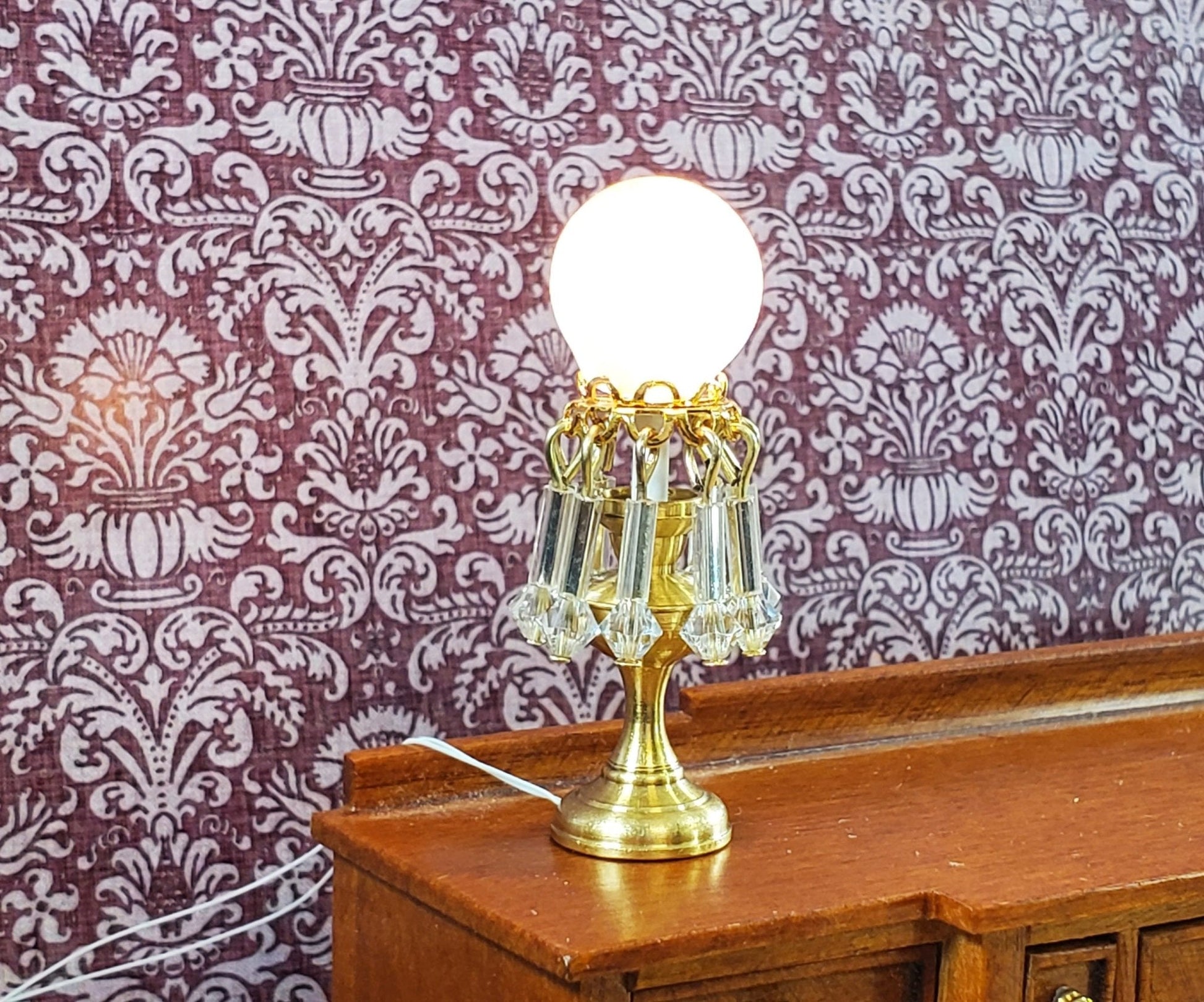 Dollhouse Victorian Table Lamp w/ Crystals 12 Volt 1:12 Scale Miniature Handmade - Miniature Crush