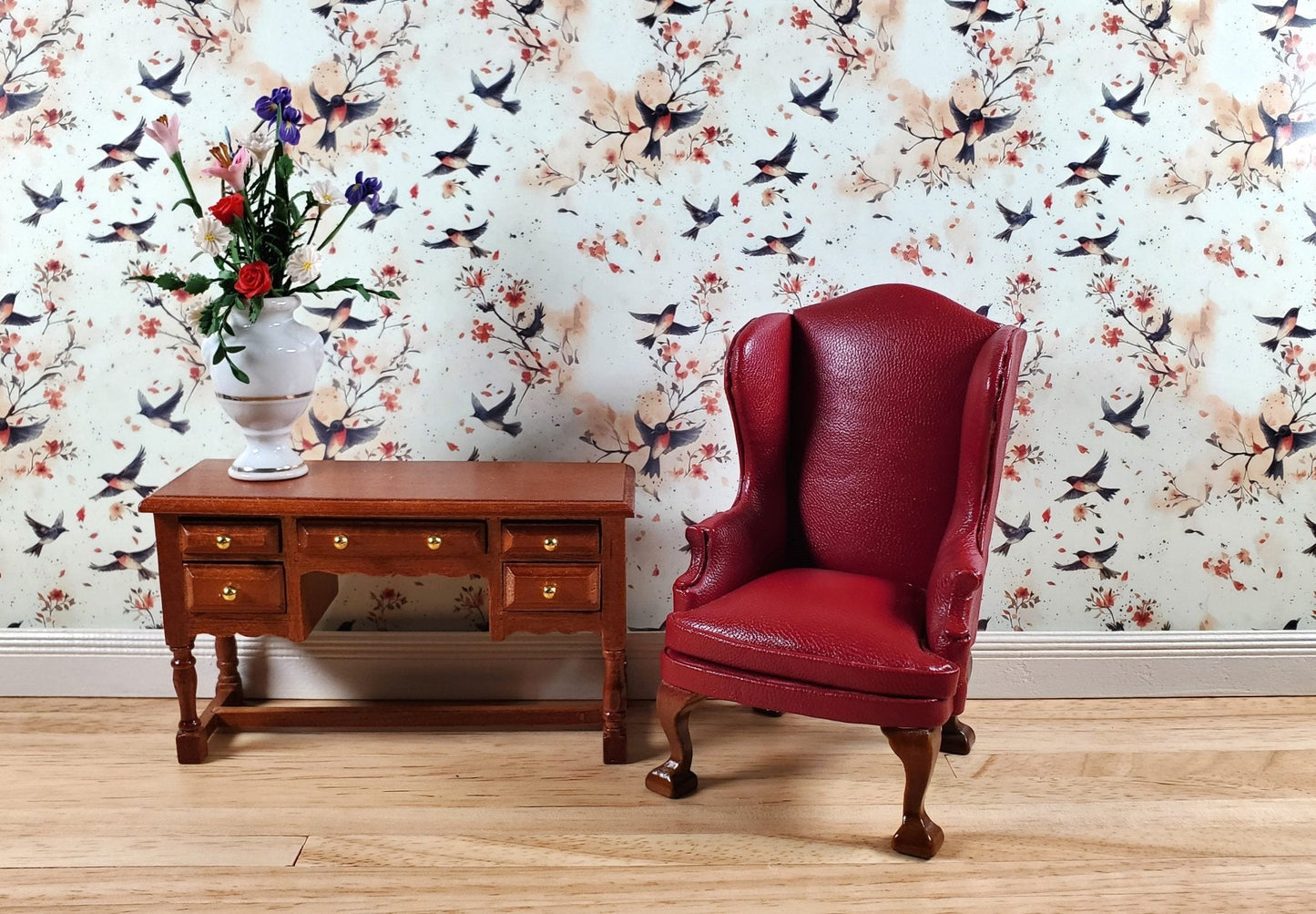 Dollhouse Wallpaper Flirty Birds Cream Beige Gray 1:12 Scale by MiniatureCrush - Miniature Crush