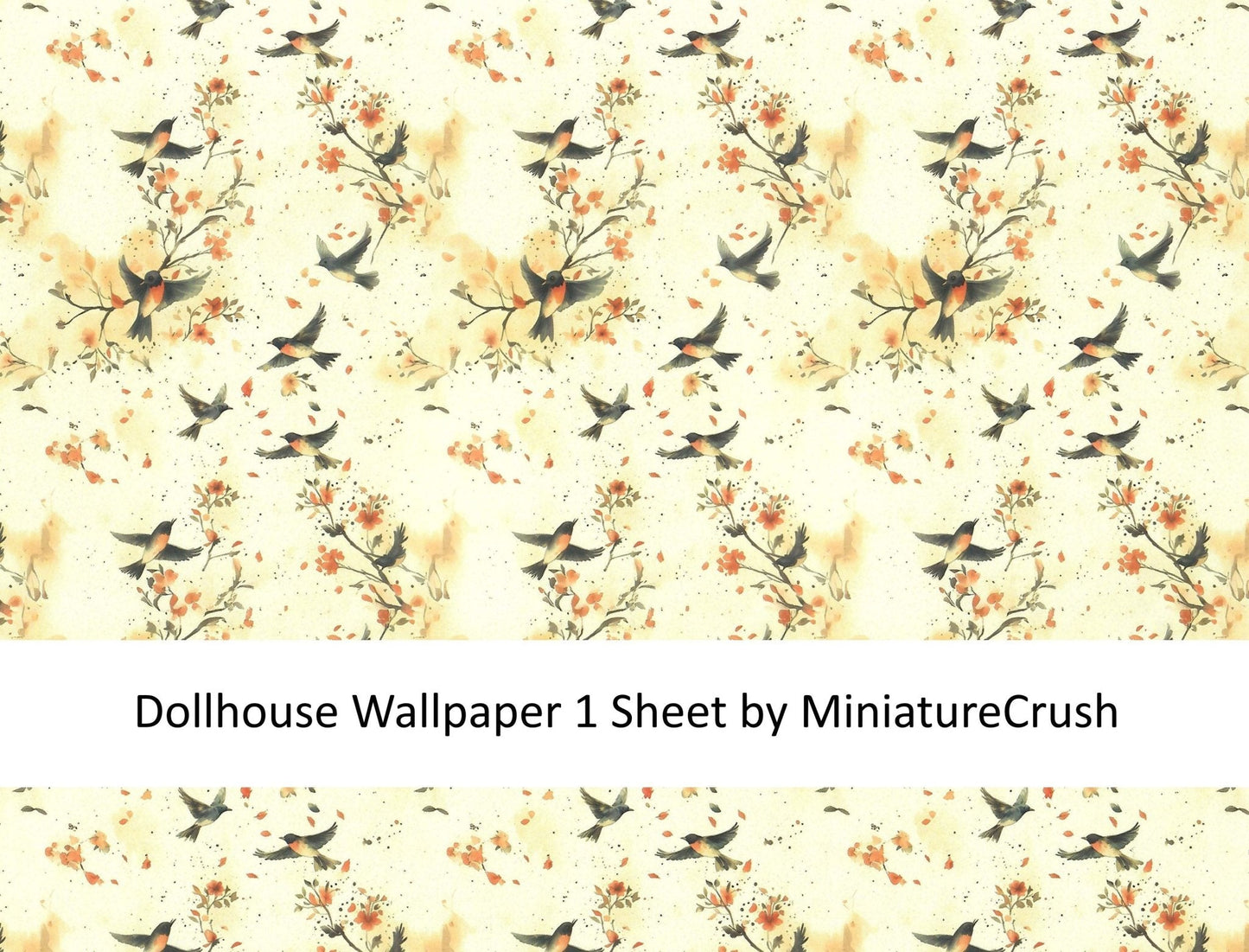 Dollhouse Wallpaper Flirty Birds Cream Beige Gray 1:12 Scale by MiniatureCrush - Miniature Crush